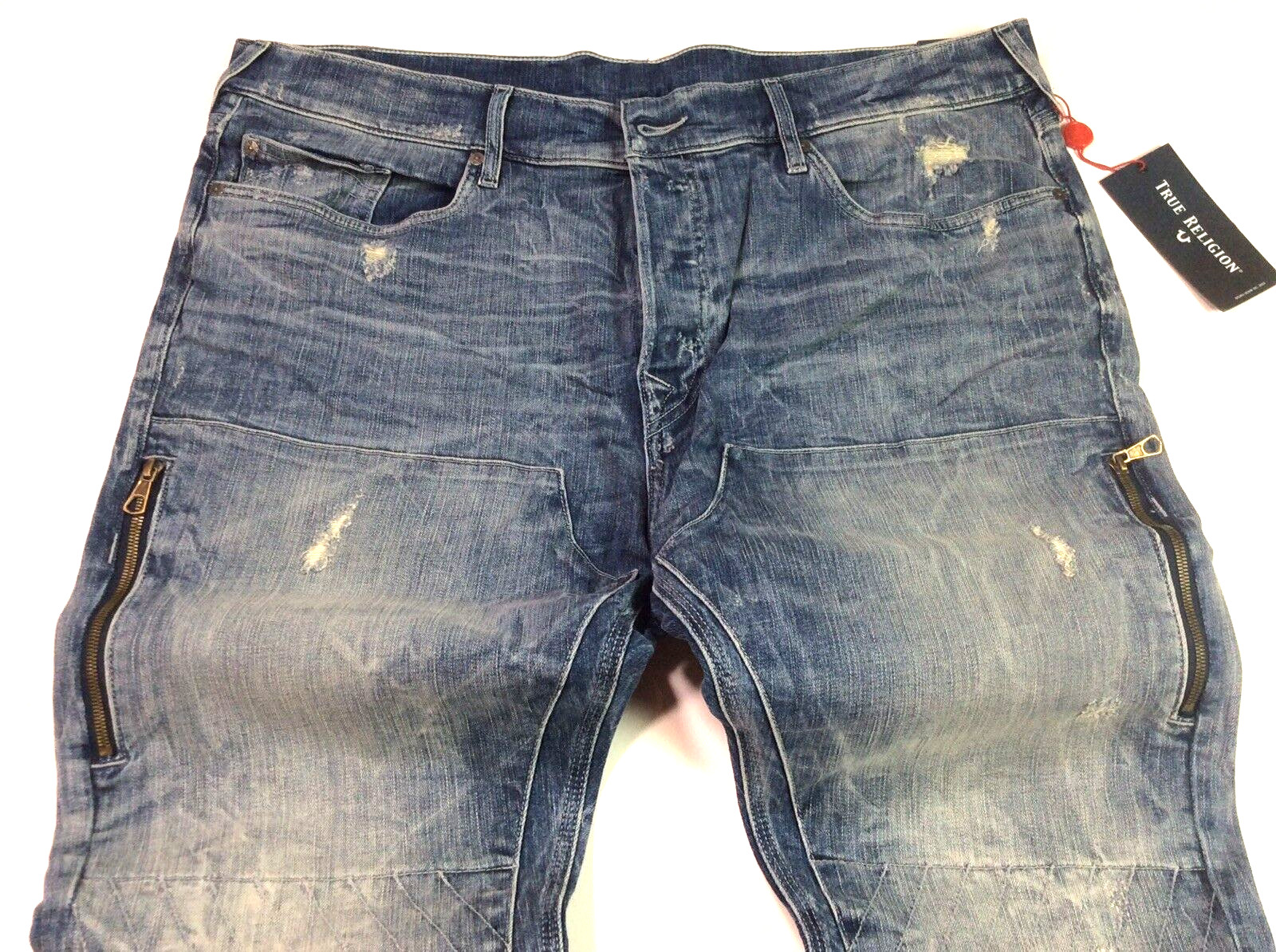 True Religion Zip Pockets Distressed Ripped Shredded Stitch Work Taper Jeans Men