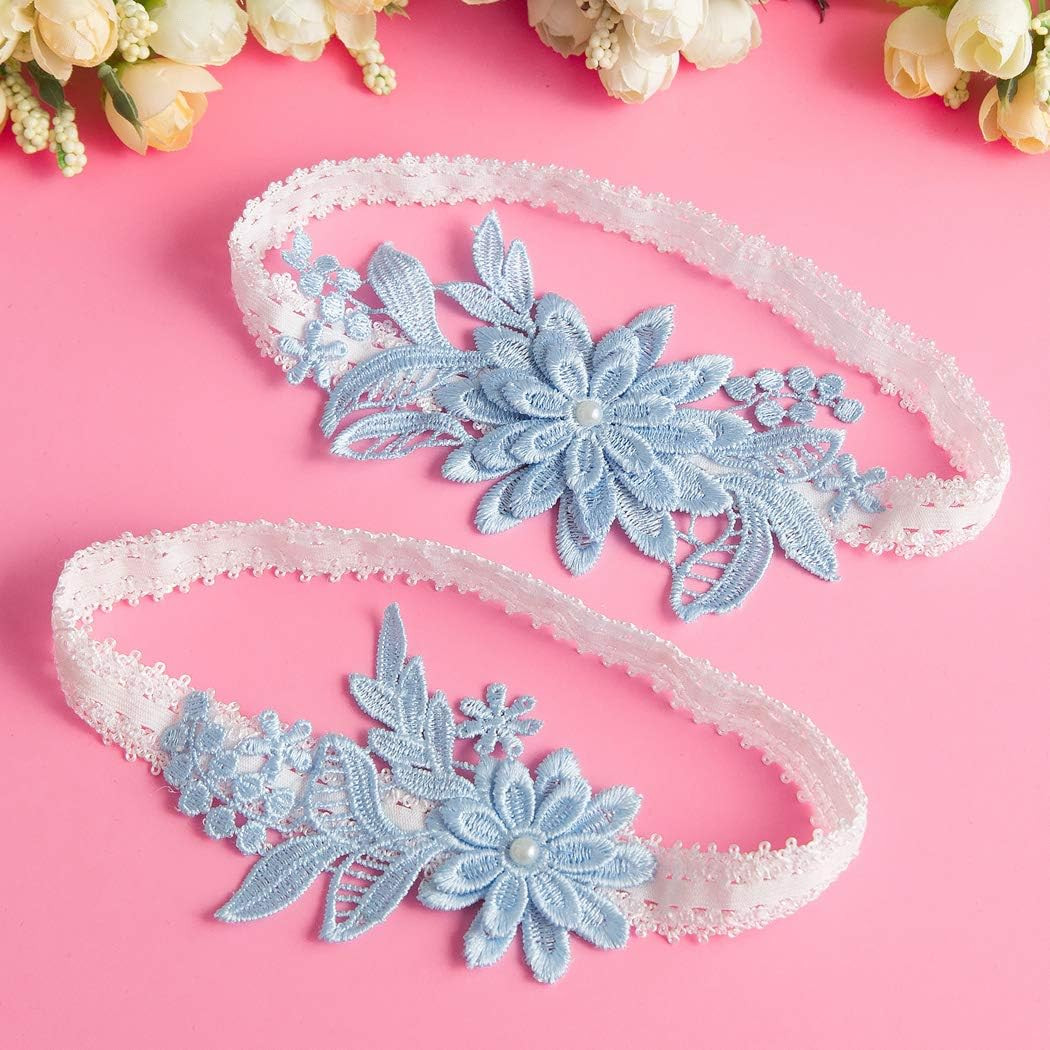 Wedding Garters Set Lace Bridal Garter Stretchy Floral Garter for Bride Blue Whi