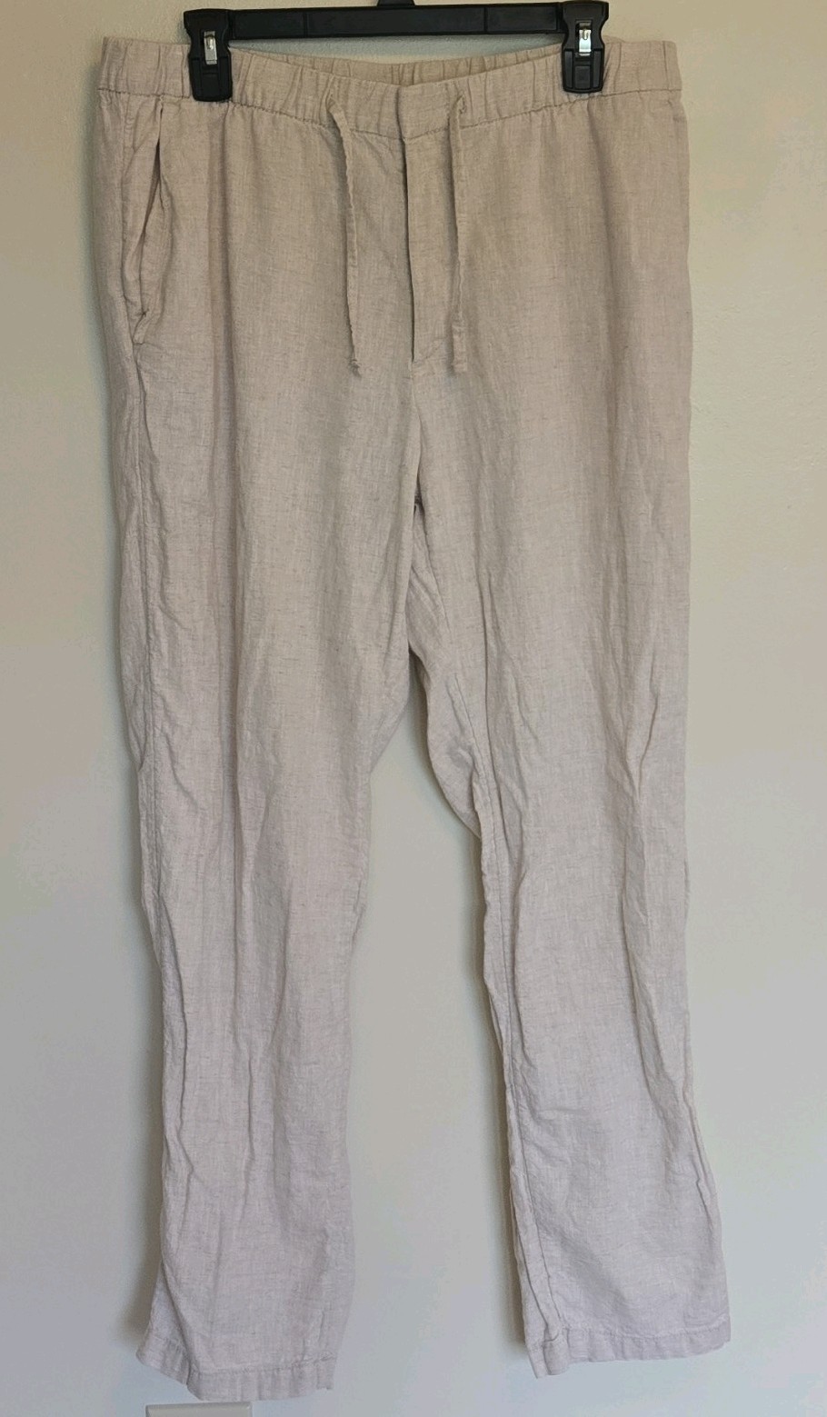 H&M Beige Linen Cotton Pants Sz M Wide Leg Elastic Waist High Rise Beach Cruise