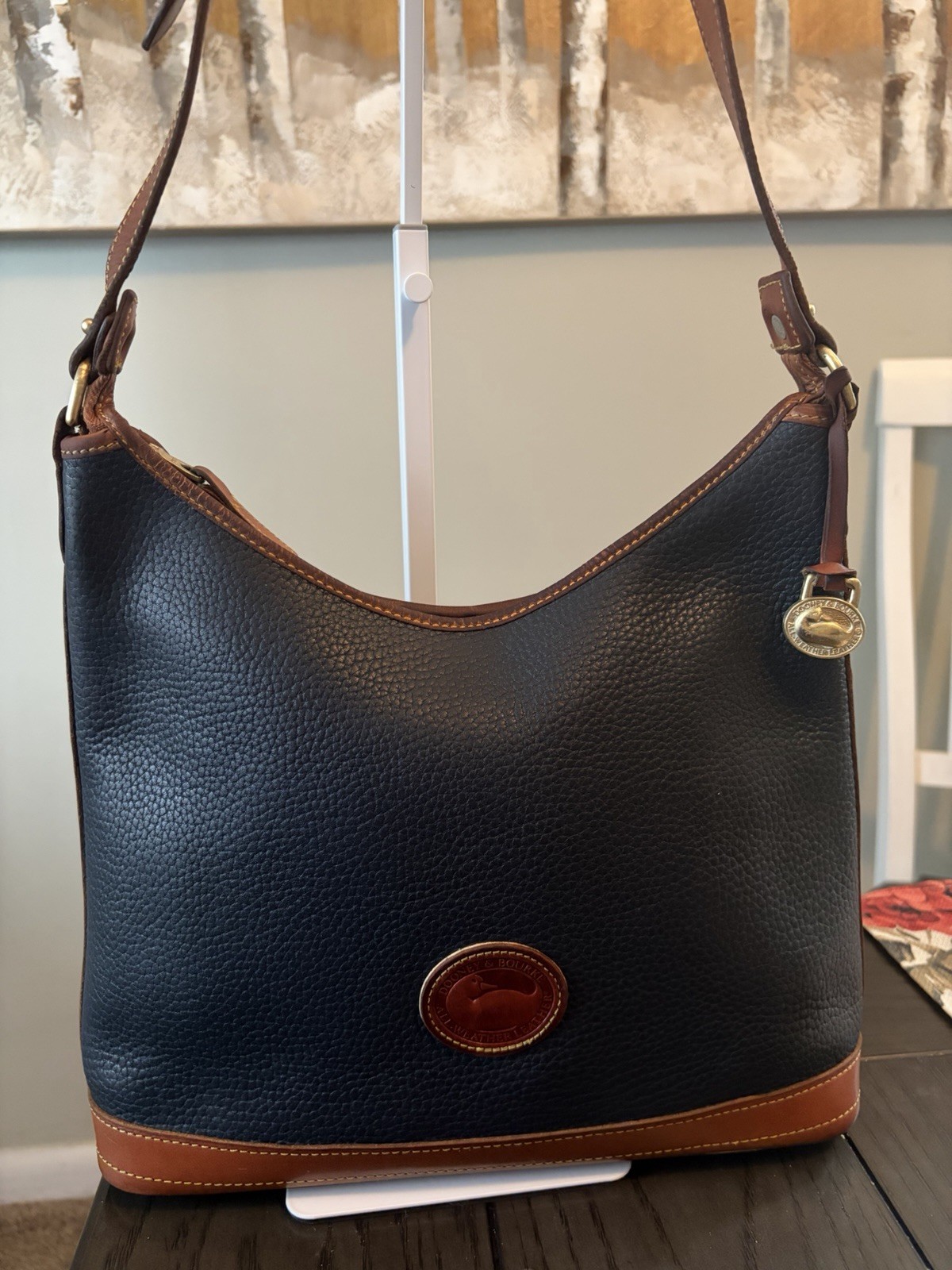 Vintage Dooney & Bourke Navy/Brown Pebbled Large Hobo Shoulder Bag Zip