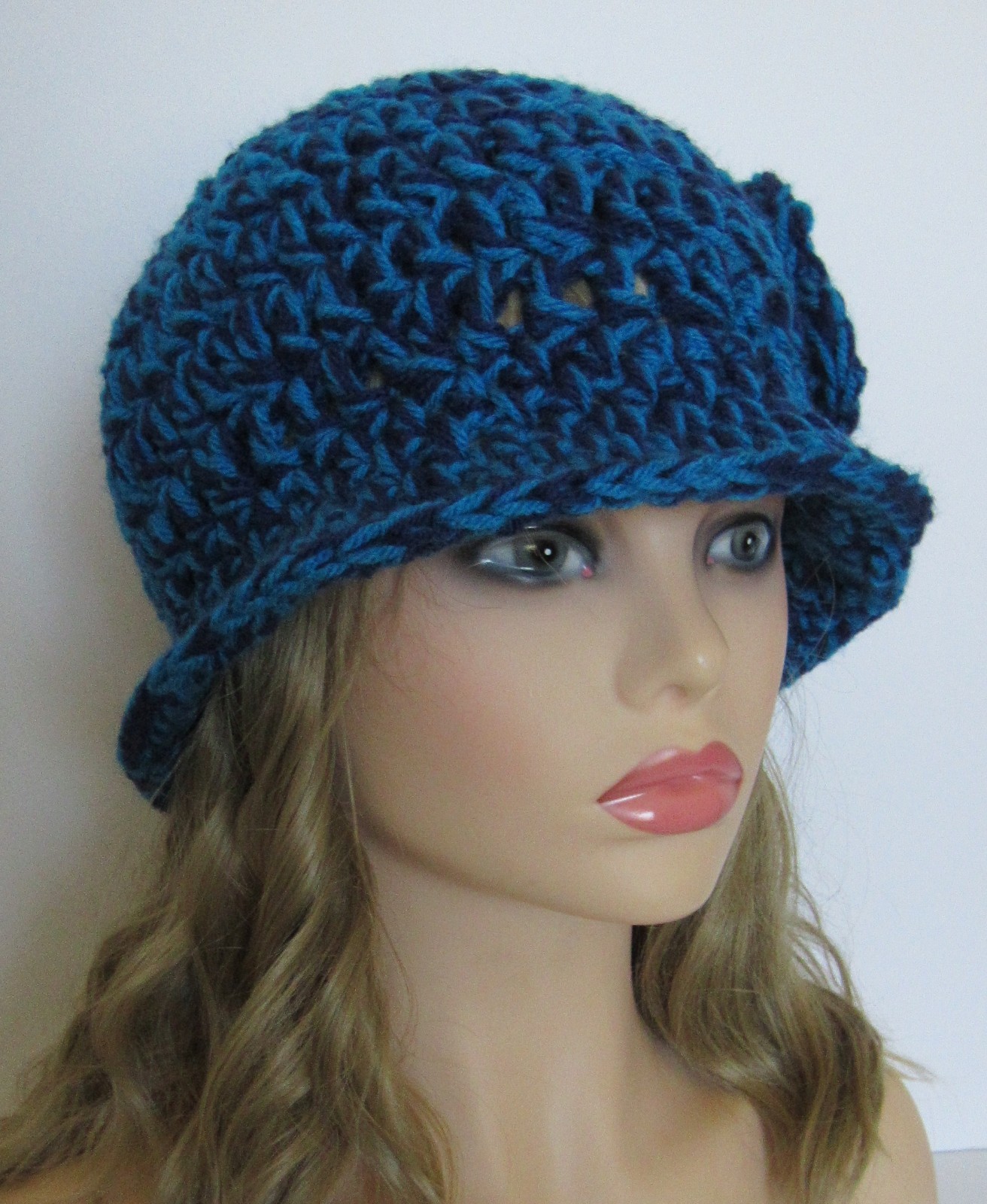 CLOCHE HAT CAP CHEMO SHADES OF BLUE HANDMADE CROCHET ACRYLIC FLOWER