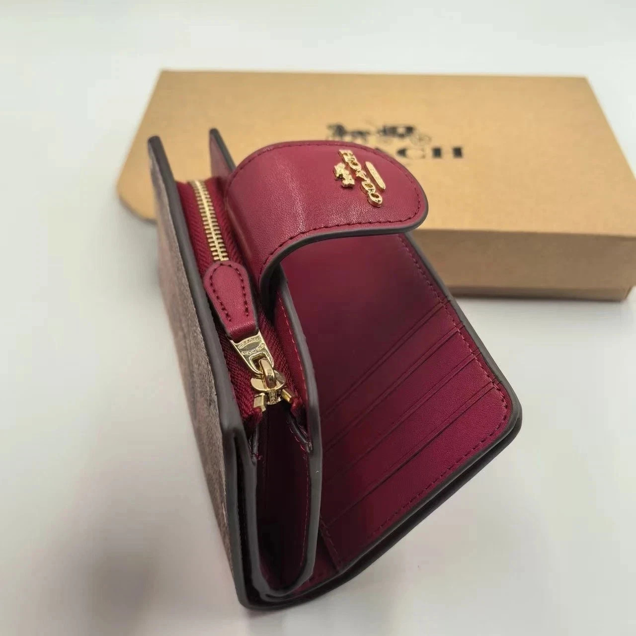 Coach Med Corner Zip Wallet Clutch CZ342 Brown Signature Canvas Cherry Print!!