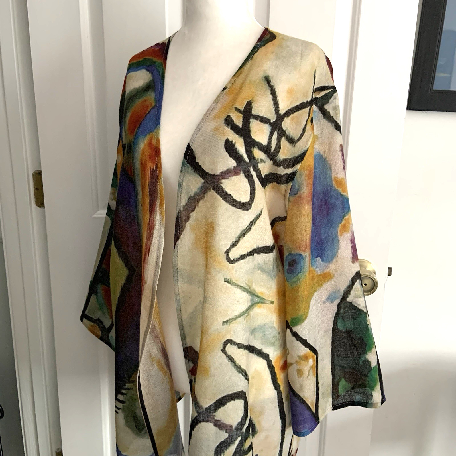 Tao House Open Cardigan 100% Sheer Wool L/XL Hand Printed Abstract *Sm FLAW