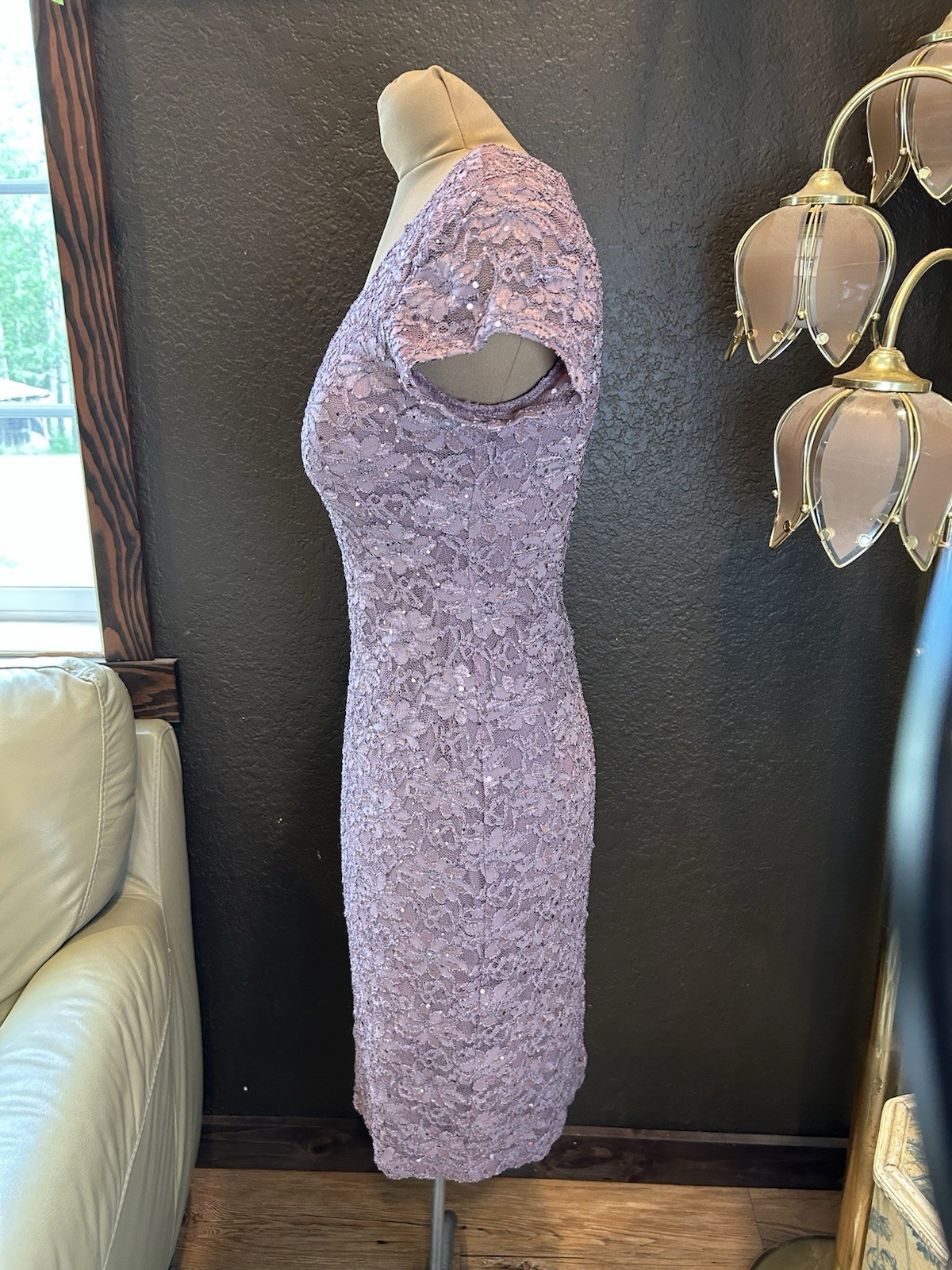 connected apparel Lavender Lace Notch-Neck Midi Dress Size 6