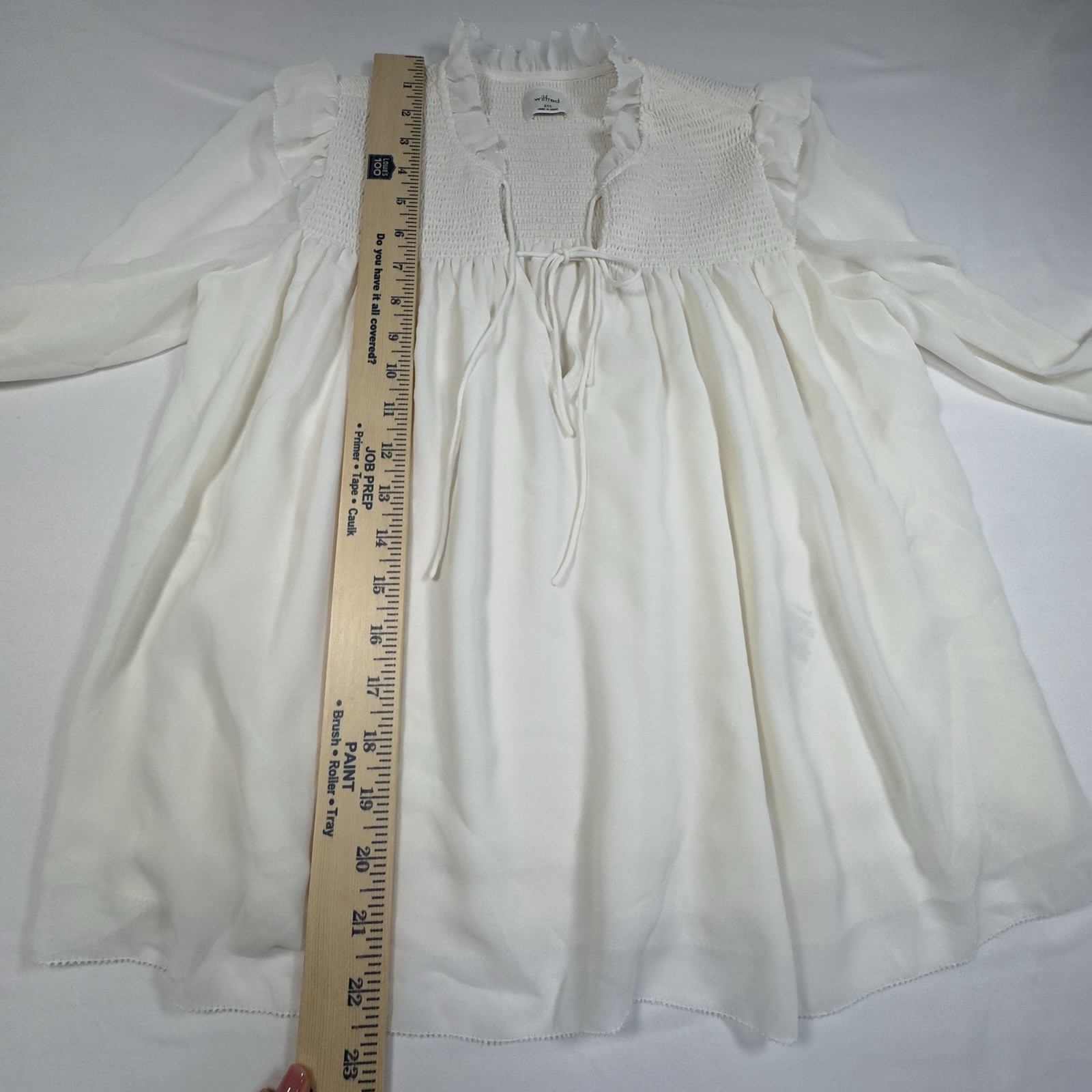 Wilfred Aritzia 2XS Ivory Smocked Ruffle Blouse Lace-Up Cottagecore Romantic