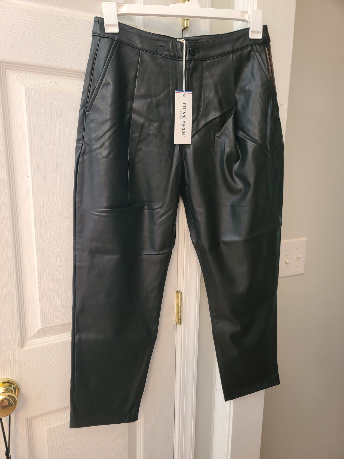 Etienne Marcel Black Faux Leather Straight-Leg Dress Pants Mid Rise 28″ Inseam