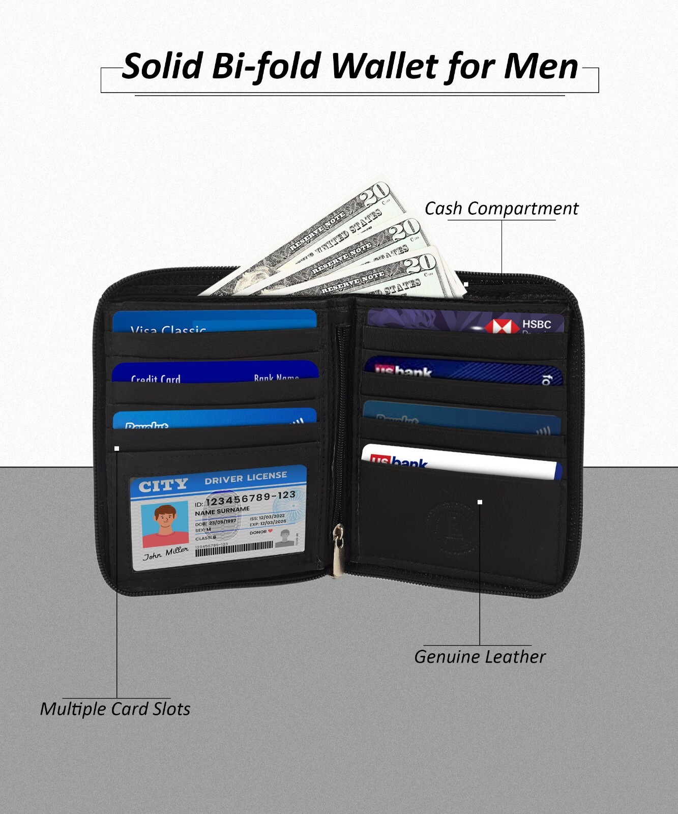 Leatherboss Genuine Leather Men RFID Blocking Zipper Credit Card Wallet , Black