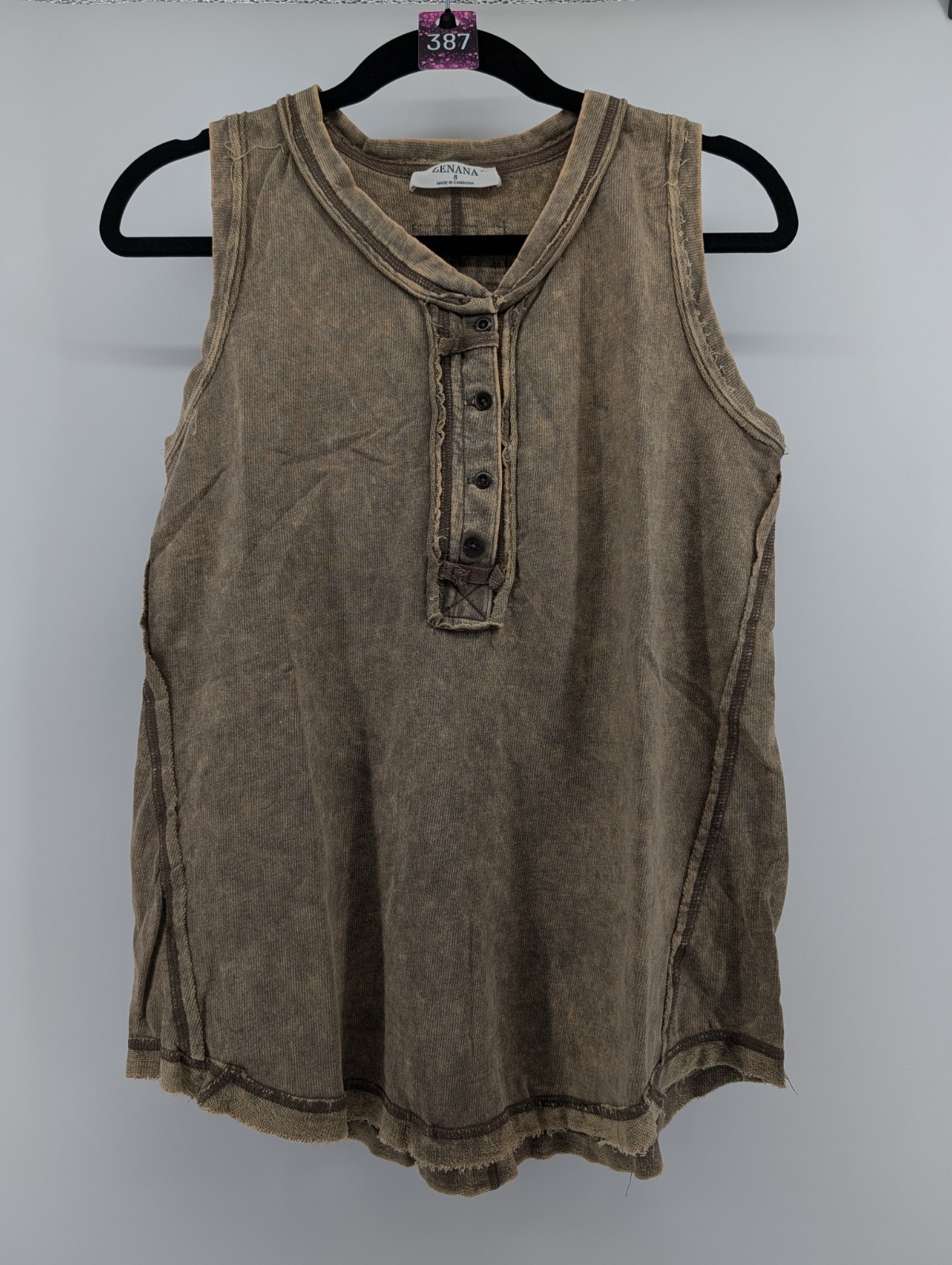 387 -ZENANA 5251 Color Washed Henley Tank top Tunic Raw Edge Exposed Seam Mocha