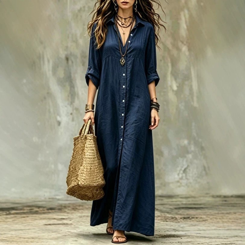 NEW Shirt-collar Floor-length Casual Simple Long Dress Sizes S-4XL