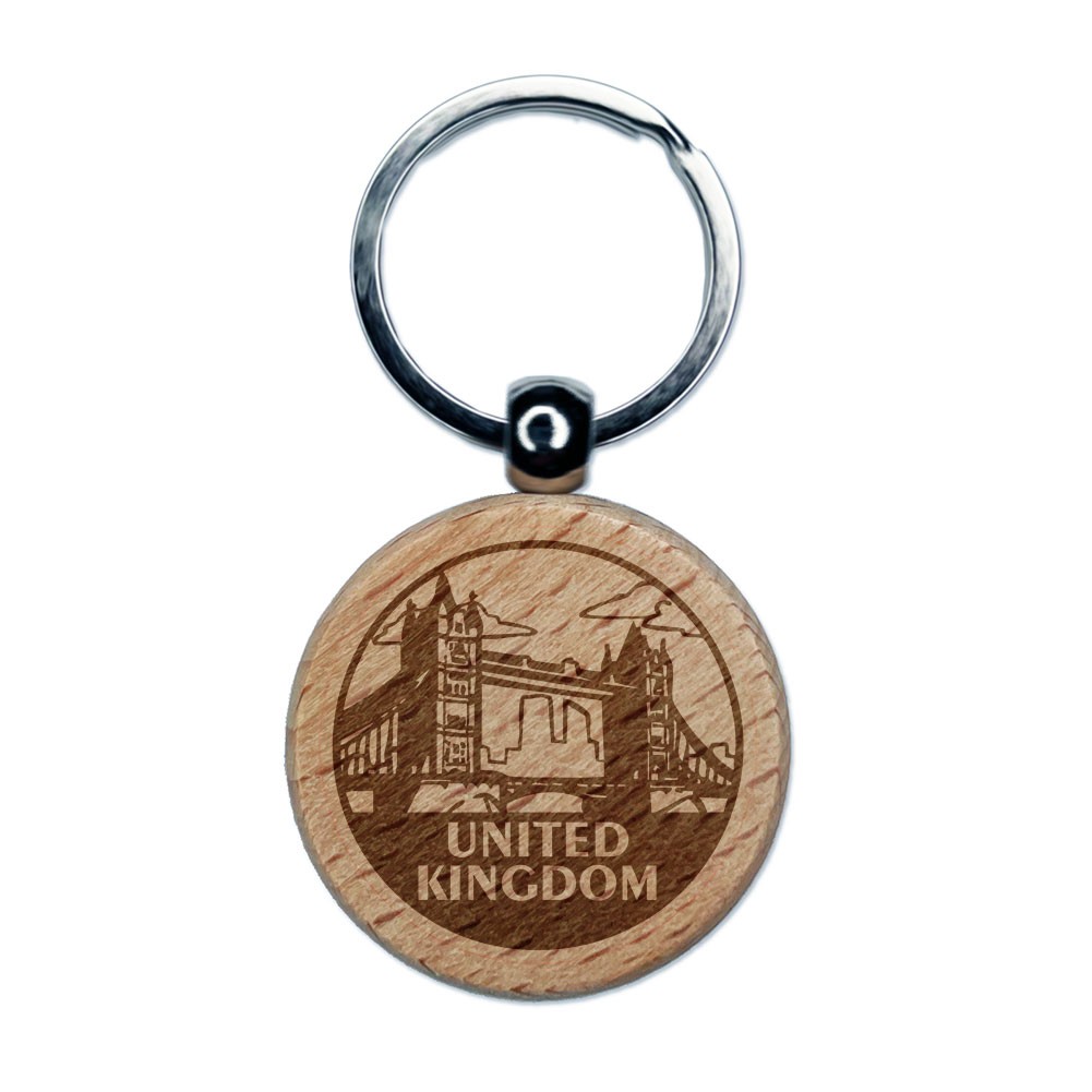 United Kingdom London Bridge Country Engraved Wood Round Keychain Tag Charm