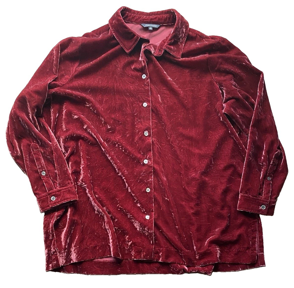 John Mark Red Solid Velvet Viscose/Nylon Button-Up Point Collar Shirt 1X