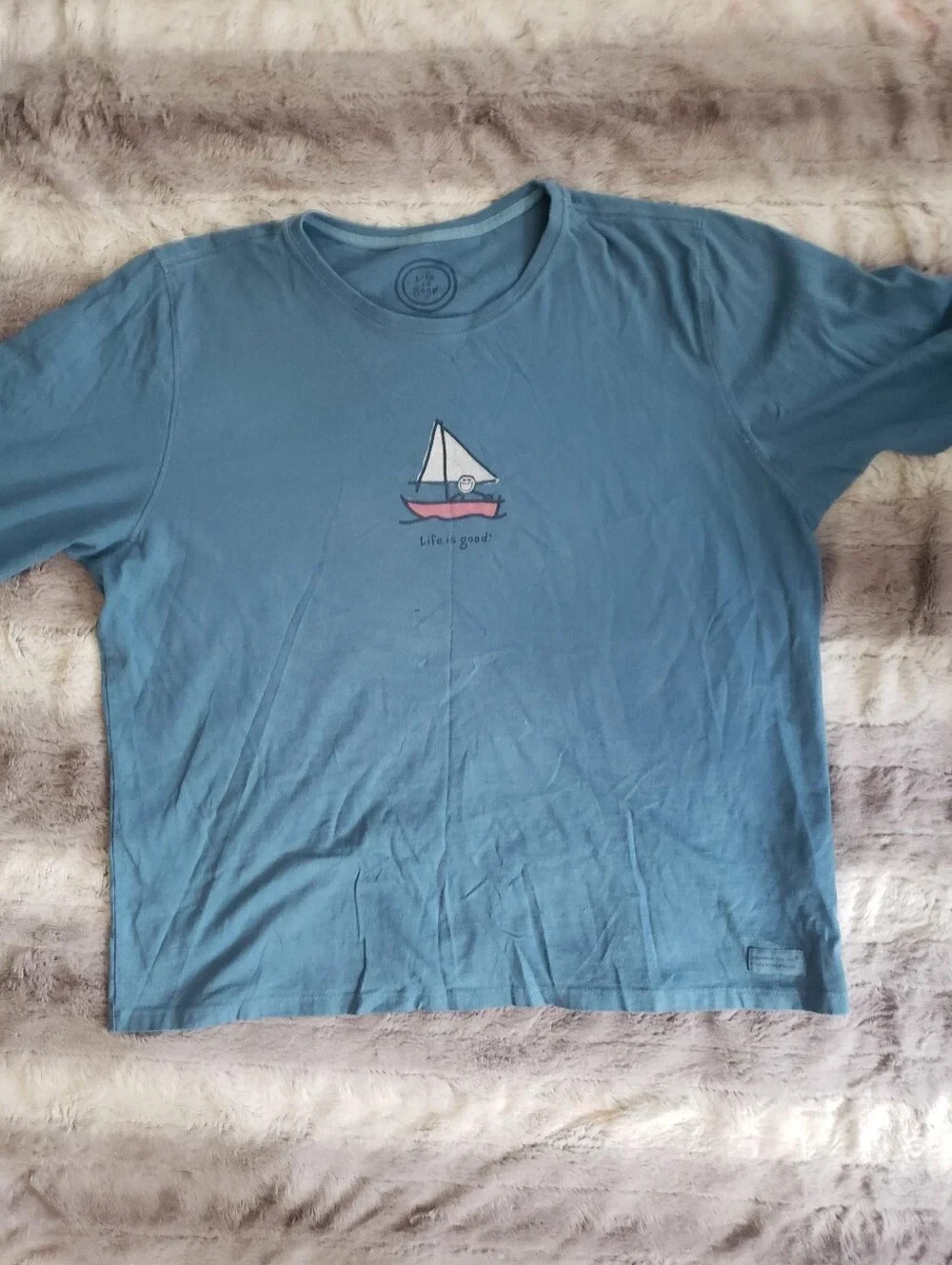 Life is Good Womens Long Sleeve Cartoon Boat Blue Graphic T Shirt XL