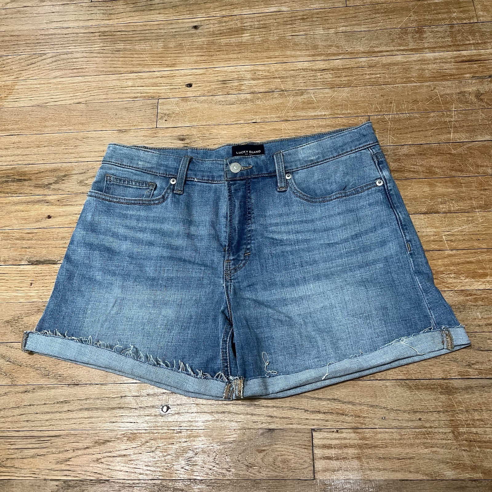 Lucky Brand Women’s AVA Mid Rise Cut Off Denim Shorts 10/30 6” Inseam Blue