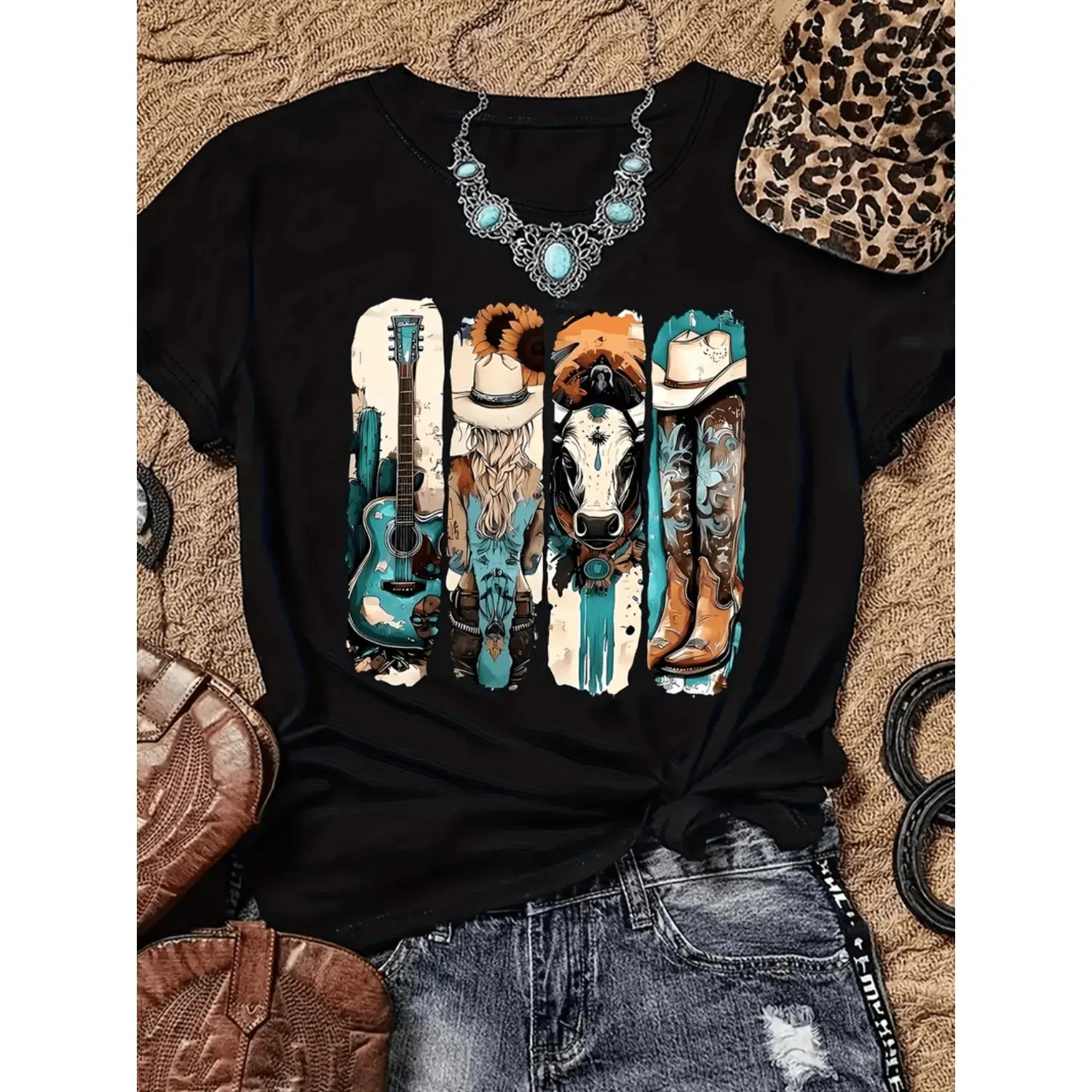 Women’s Retro Western Cowboy Print T-Shirt – Short Sleeve Round Neck Top Cowboy