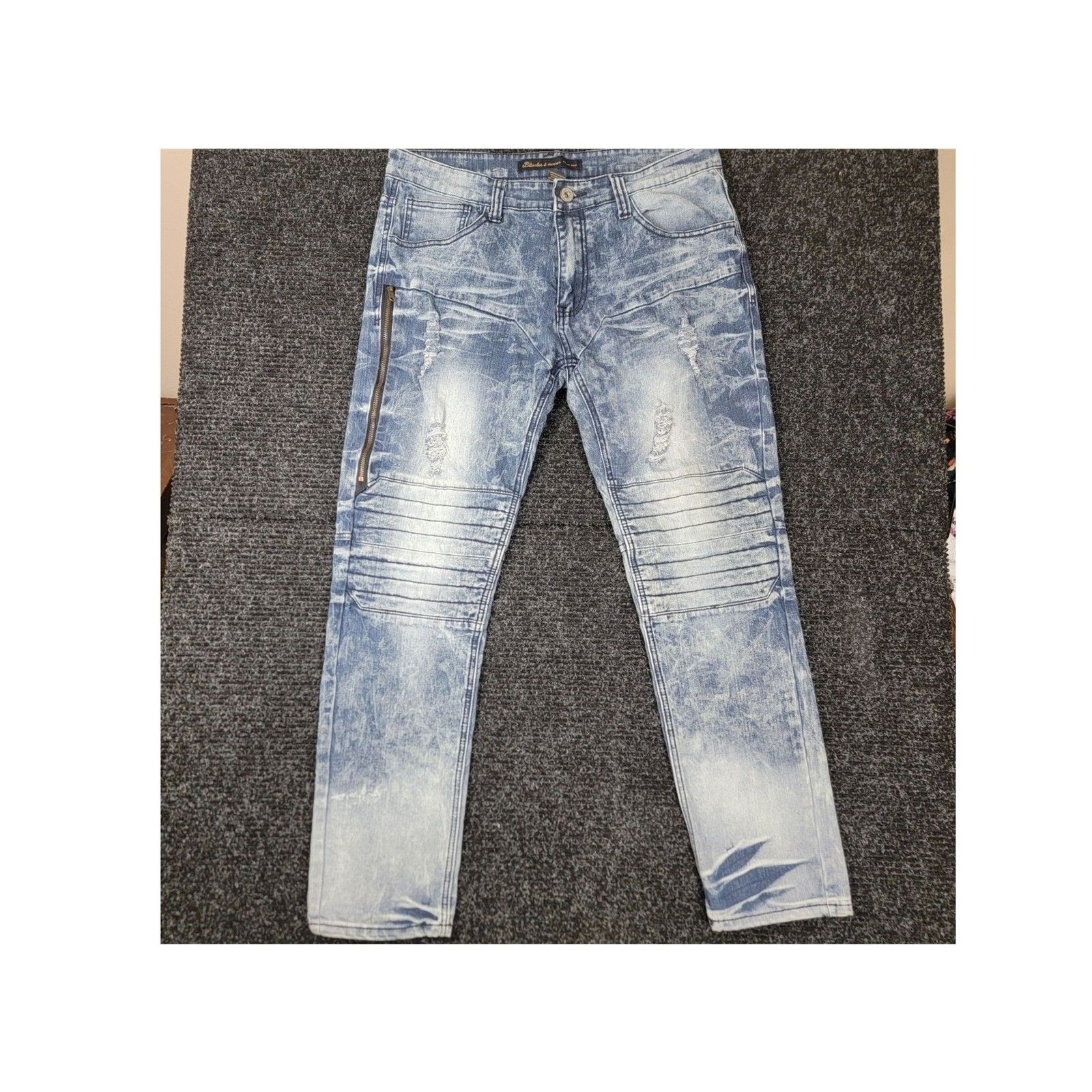 Bleecker & Mercer Men’s Distressed Moto Biker Jeans 36×32 Acid Wash Light Blue