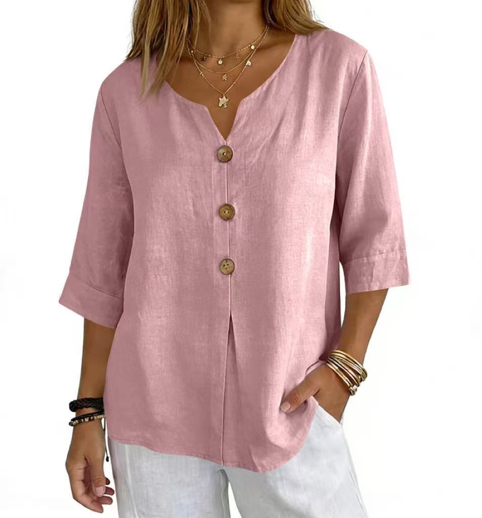 Womens Linen Button Down Shirt V Neck 3/4 Sleeve Loose Fit Casual Blouse Top