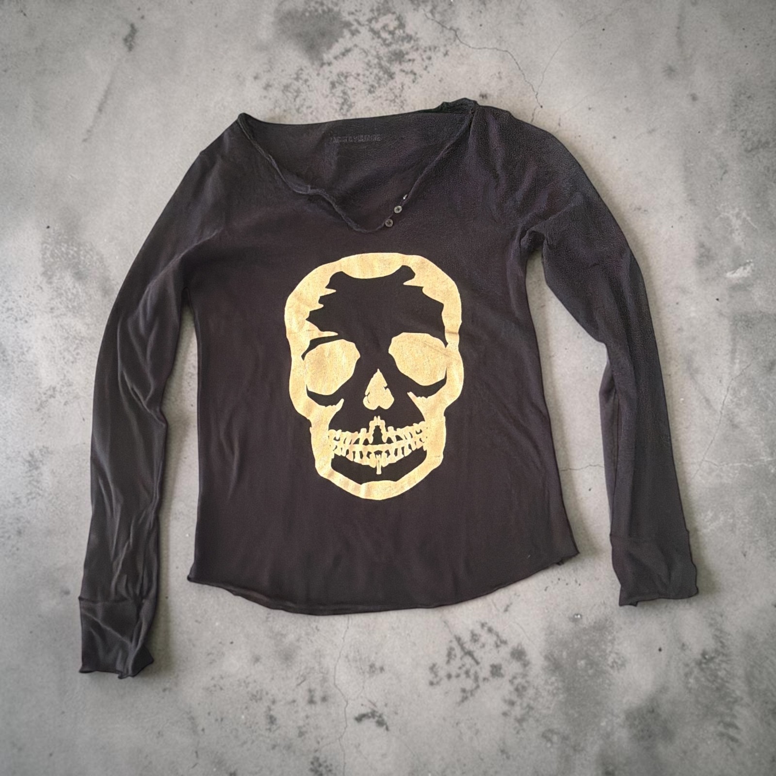 Zadig & Voltaire Skull Henley Long-Sleeve T-Shirt Top Women’s S Gold on Black