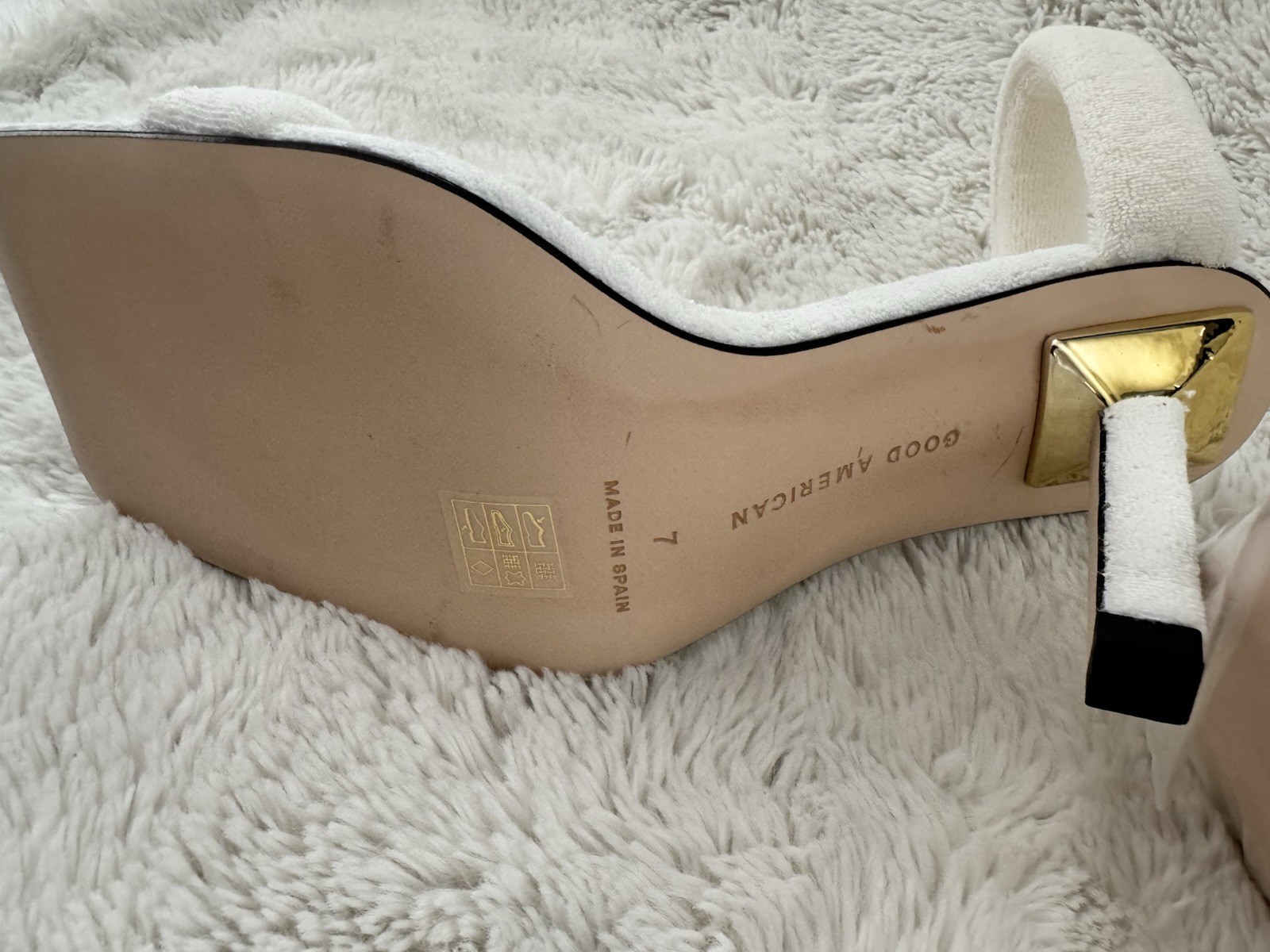 Good American White/Gold Terrycloth Mule Heels Square Toe Stiletto Slip On 7