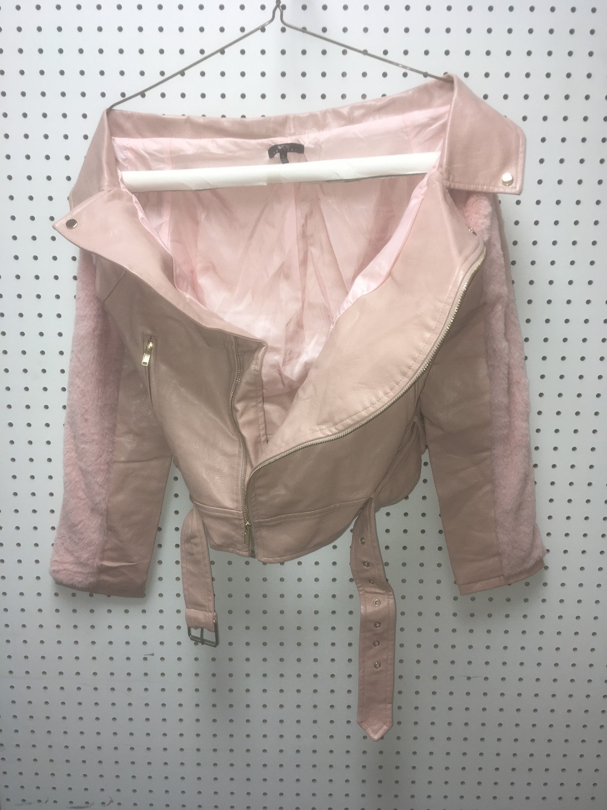 WOW Couture Faux Leather Off the shoulder biker jacket Pink , zip belt Size LRG