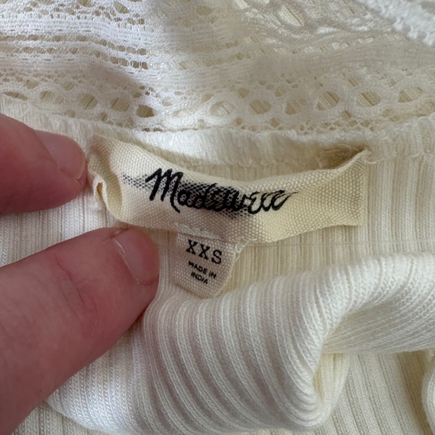 Madewell Lace Trim Square Neck Tank Top Ribbed Ivory Spaghetti Strap sz XXS NWT