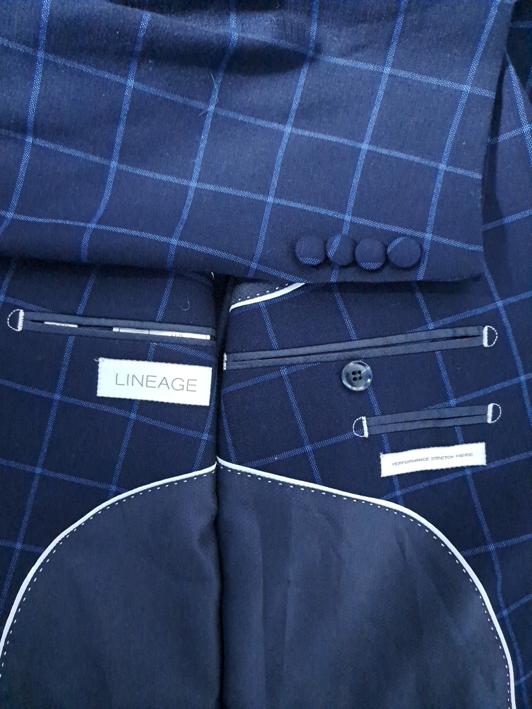 Lineage Performance Stretch Fabric Blue Windowpane 2pc Suit Mens 50R Pants W44