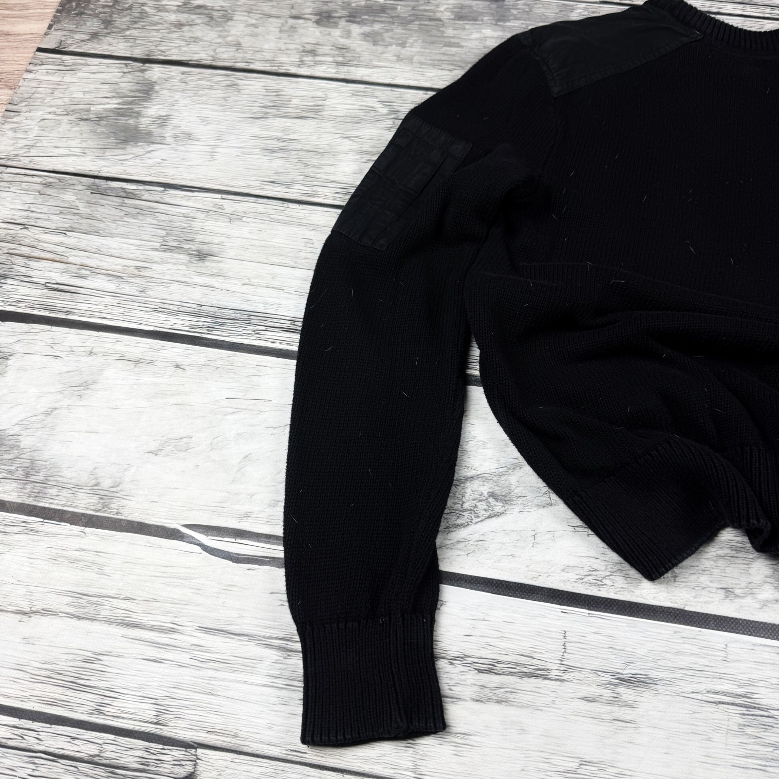 Mens Vintage Black Knit Sweater Zip Pocket Sleeve Minimalist Military Jumper