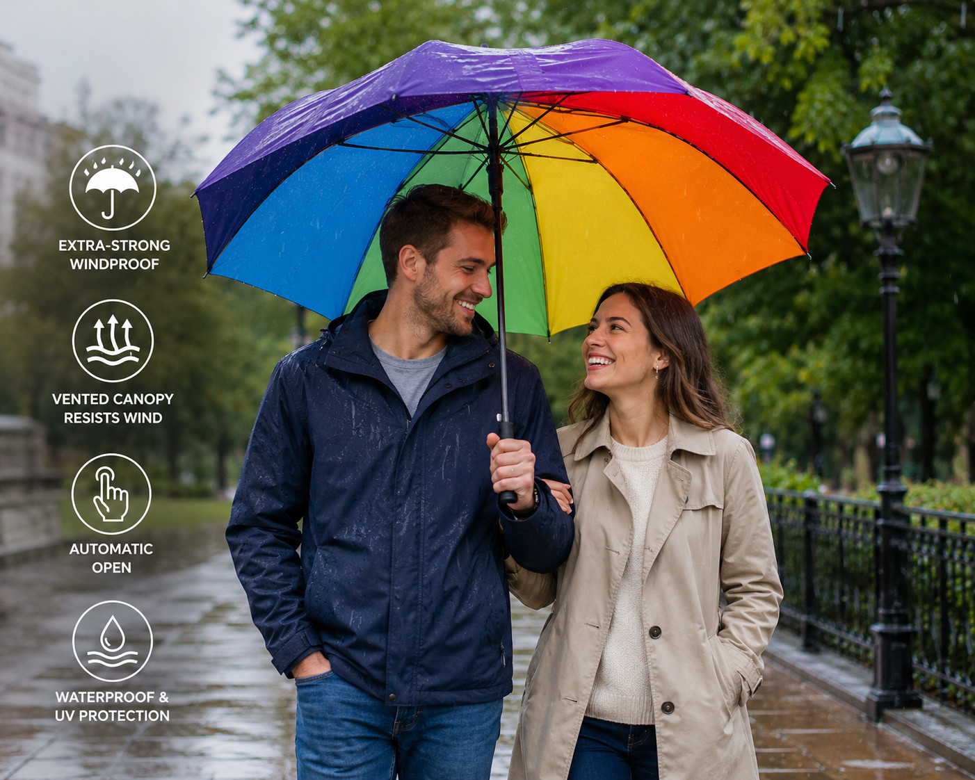 Rainbow Golf Umbrella Windproof Auto Open Vented Canopy