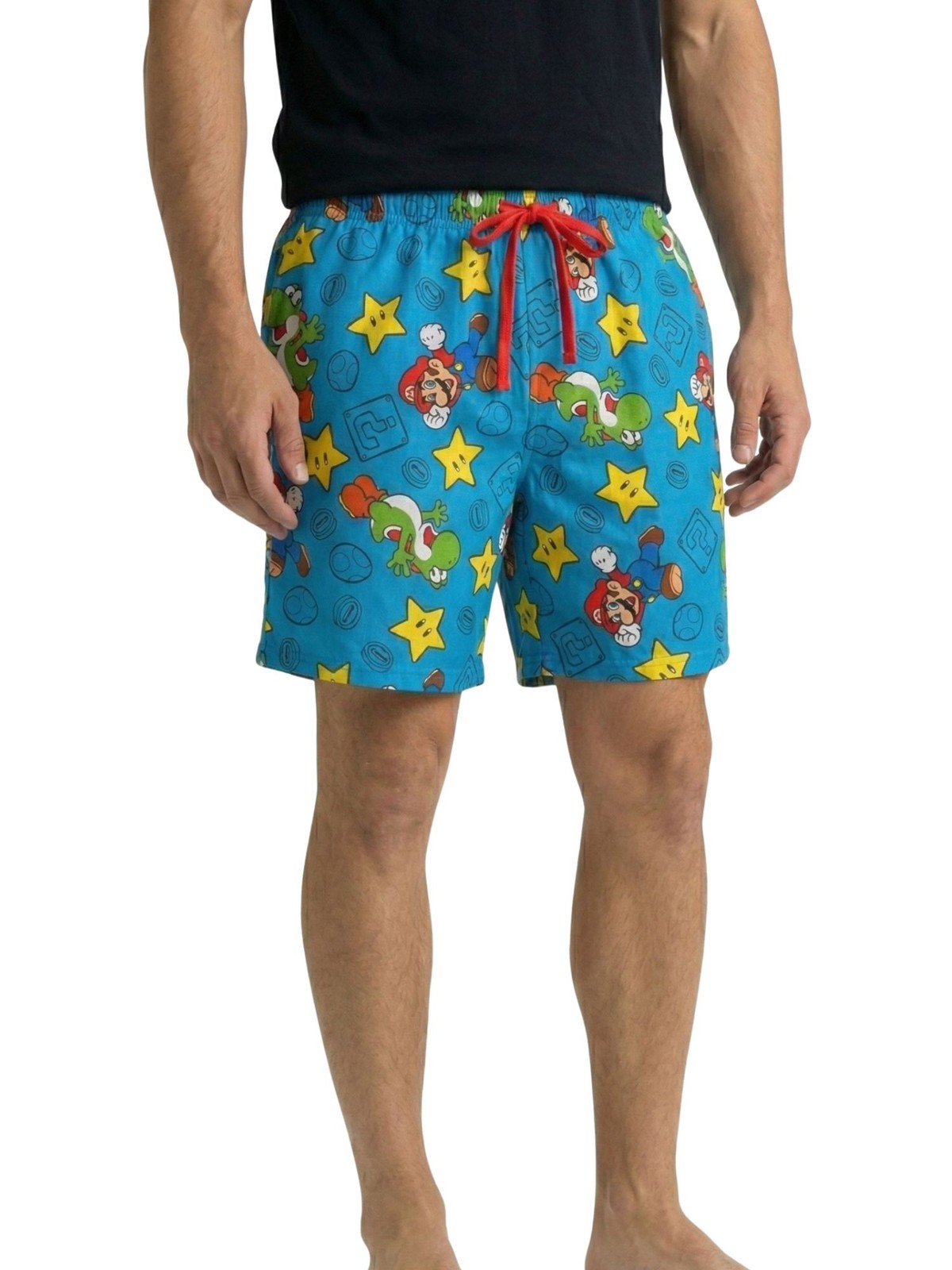 Mens Nintendo Mario Yoshi Pajama Sleep Shorts Loungewear Pockets Blue