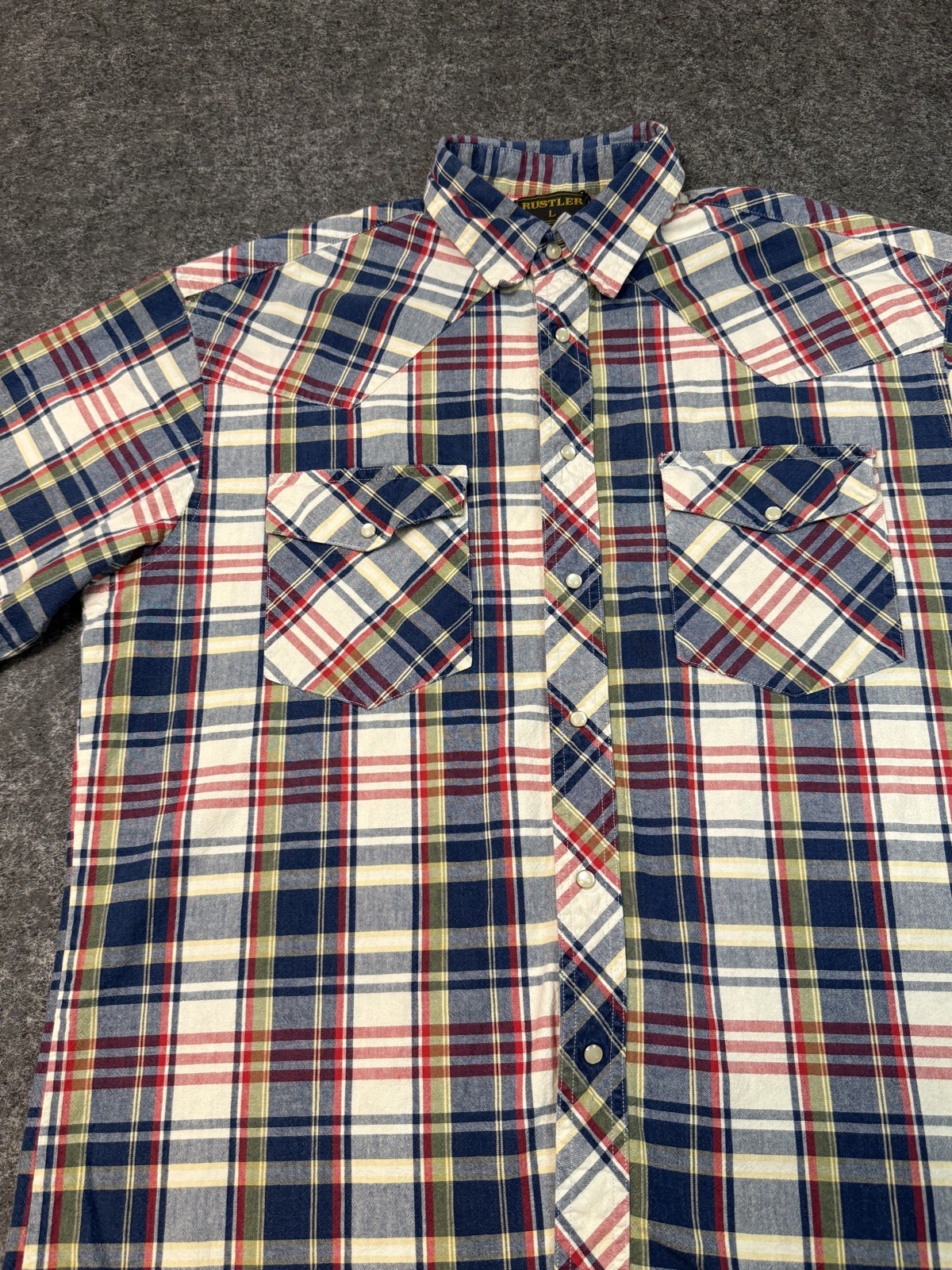 Rustler by Wrangler Shirt Mens 2 XL Western Cowboy Pearl Snap Plaid Short Sleeve