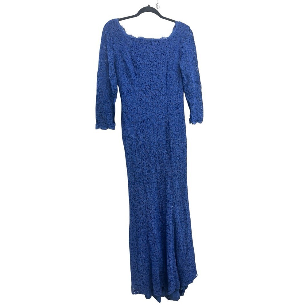 Adrianna Papell Blue Lace Long Sleeve Evening Dress Scalloped Mother of Bride 6