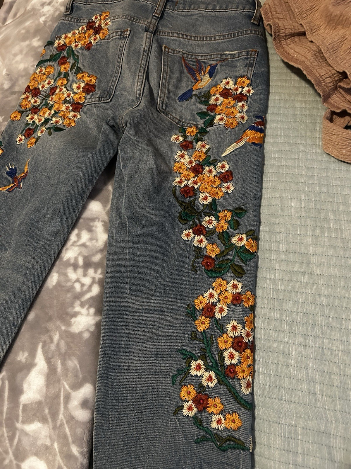 Free People Women’s Skinny Jeans Blue Medium Wash Floral Embroidered 5-Pocket