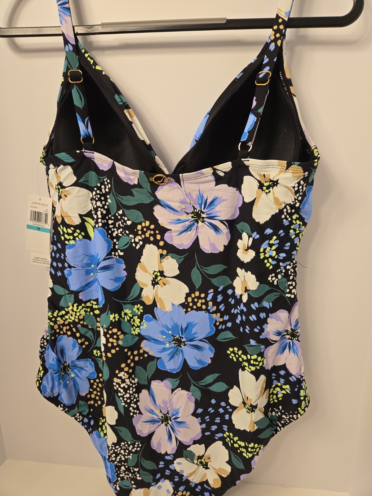 NWT Jantzen Black Floral One Piece Swimsuit Tummy Control Size 16