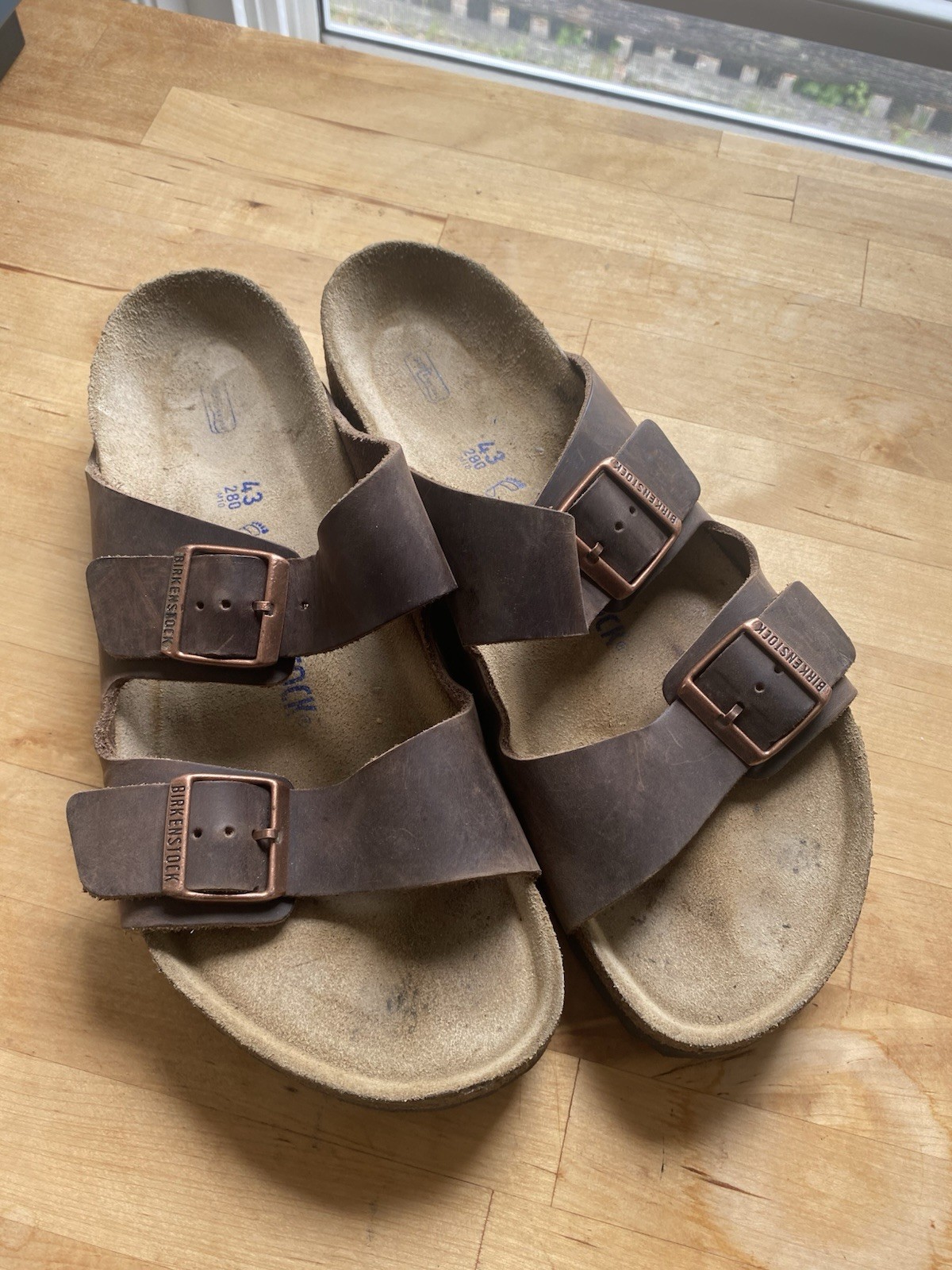 Birkenstock Arizona Brown Leather 2-Strap Buckle Slide Sandals EU 43