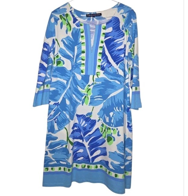 Barbara Erickson Shades Of Blue Tropical V Neck Cotton Jersey Shift Dress Size L