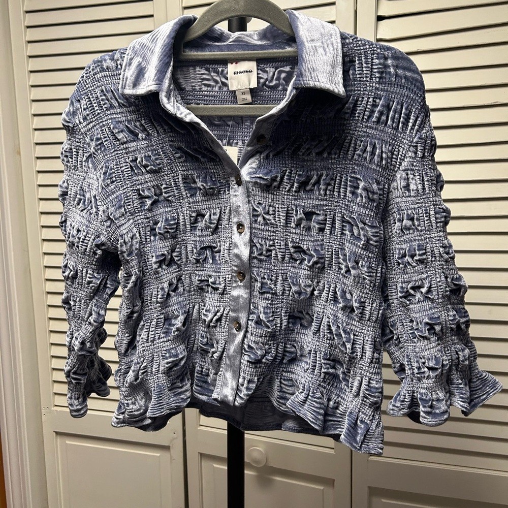 Maeve Anthropologie Blue Textured Shirred Velvet Buttondown Tee XS NWT