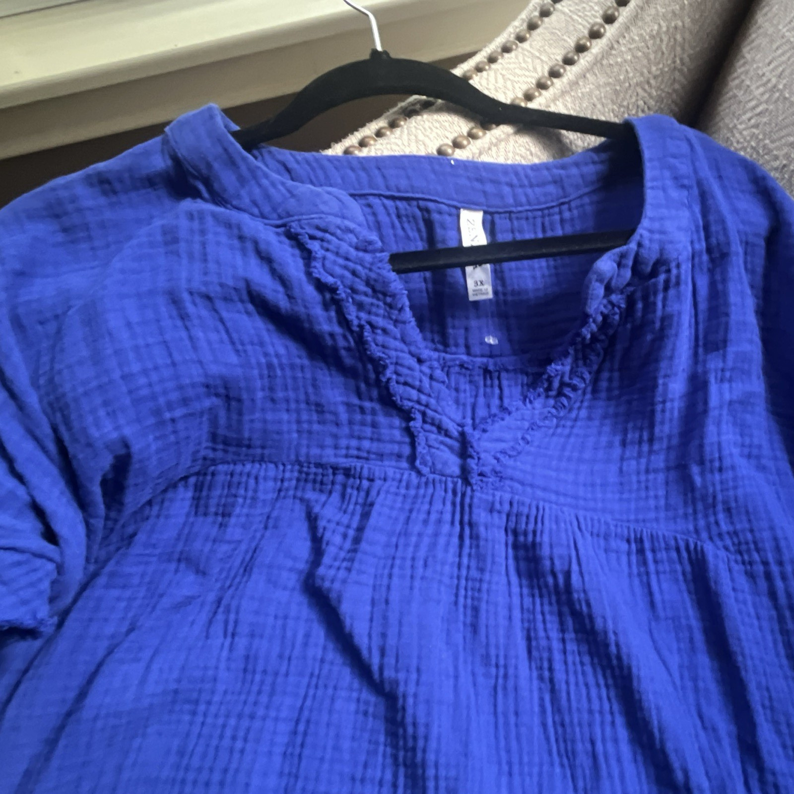 VENUS Blue Solid V-Neck Short Sleeve Pullover Blouse Plus 3X