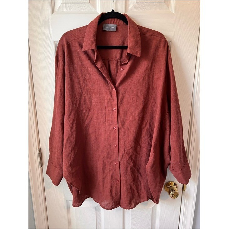 Rust Red Lagenlook Button-Up Cotton Blend Oversized Shirt – Medium