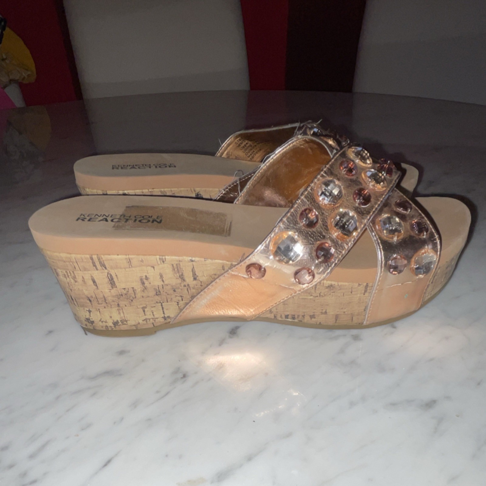 Kenneth Cole Reaction Women’s Gold Studded Rhinestone Wedge Slide Sandals 8M