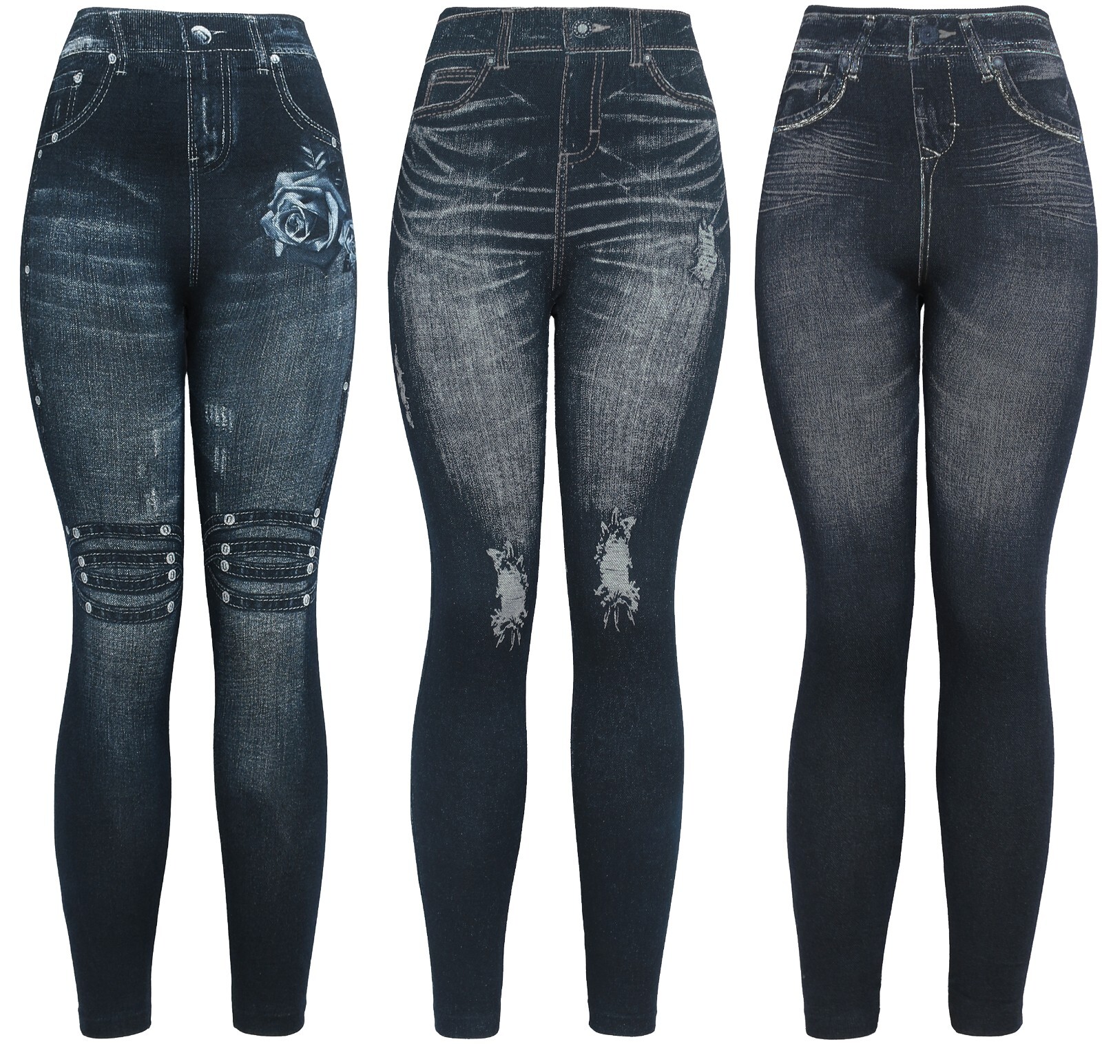 Dark Denim High Waist Women’s Denim Print Fake Faux Jeans Leggings Pants
