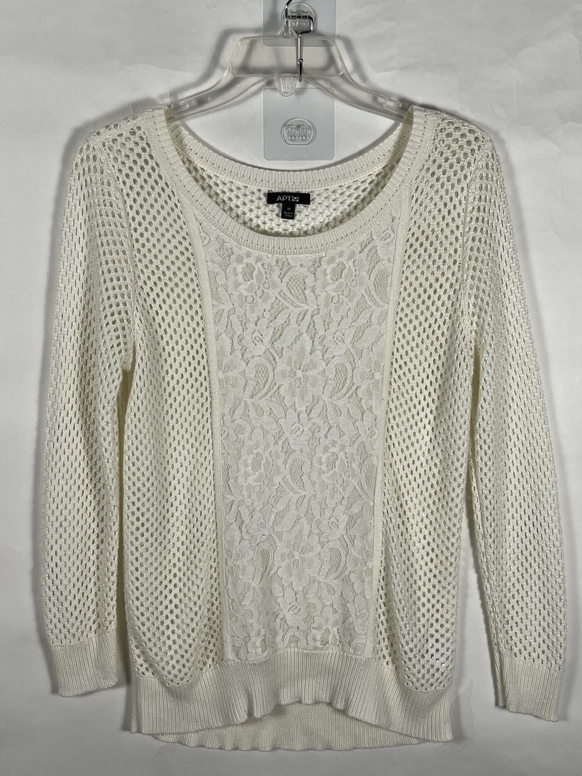Apt 9 Open Knit Crochet Lace Detail Pullover Soft Light-Weight Sweater Ivory Med