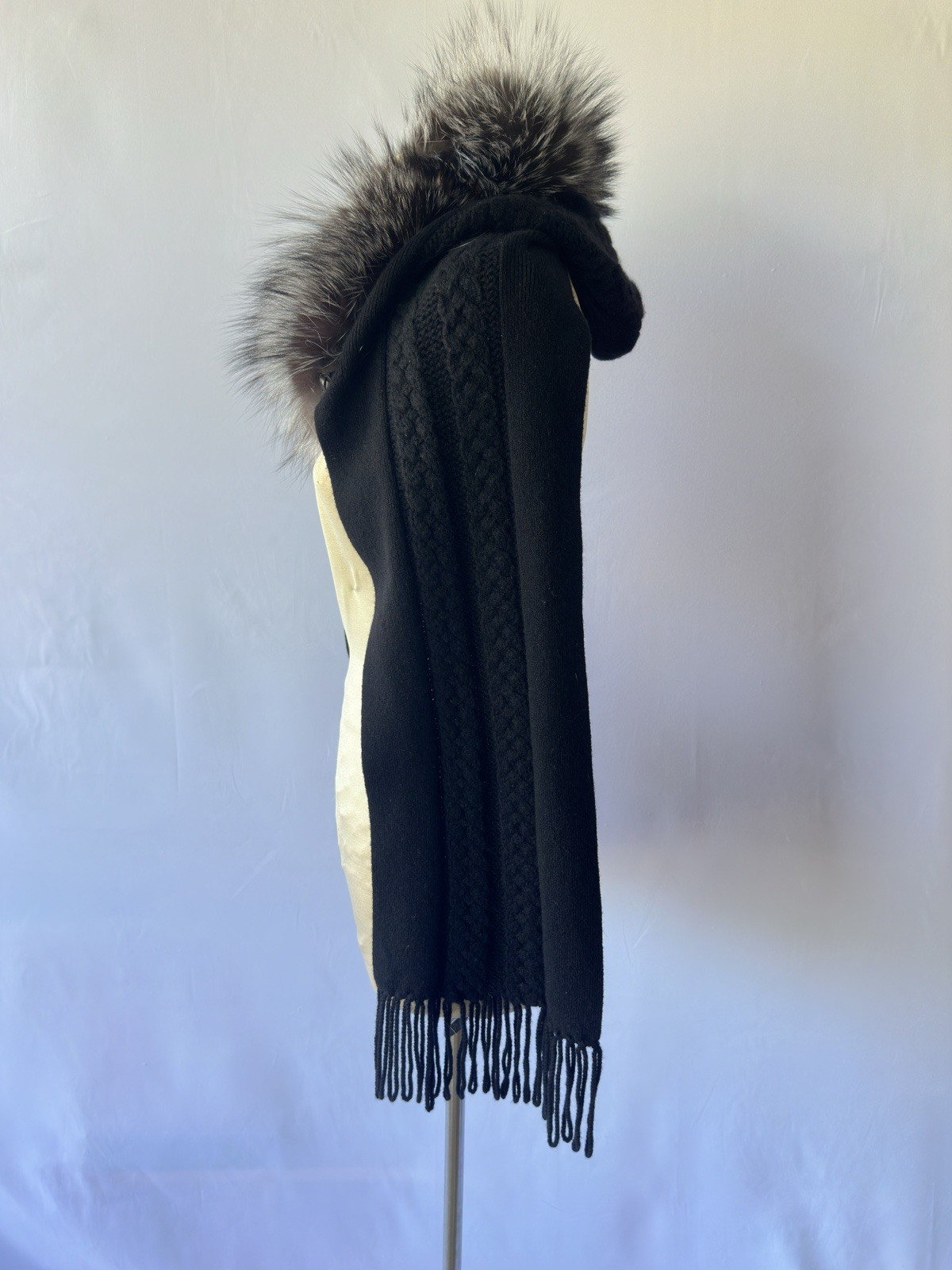 Vintage W by Worth Black Cashmere Hooded Shrug with Removable Fur Trim