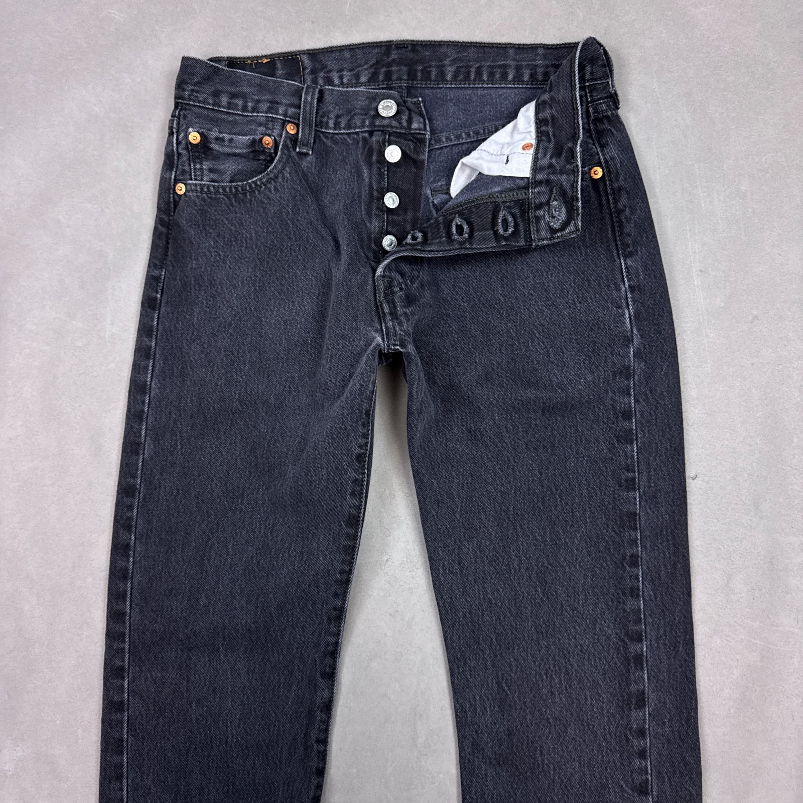 Levis 501 Jeans Mens 30×28 Black Button Fly Denim Pant Straight Faded (Tag30x30)
