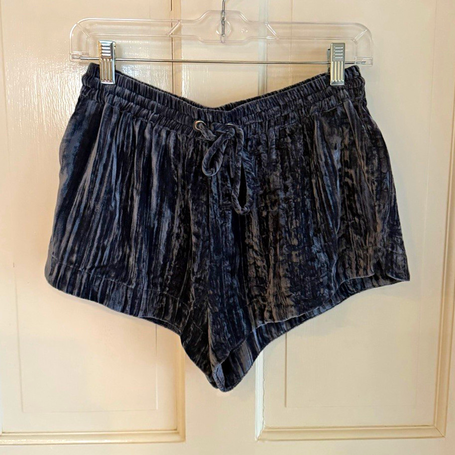 MAJORELLE Womens Small Blue Crushed Velvet Drawstring Lounge Shorts Pockets