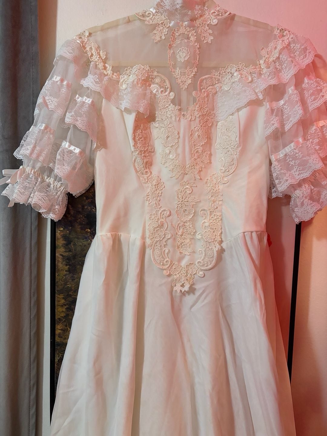 Vintage 1980s Victorian Style Lace Ruffle Tiered Wedding Dress