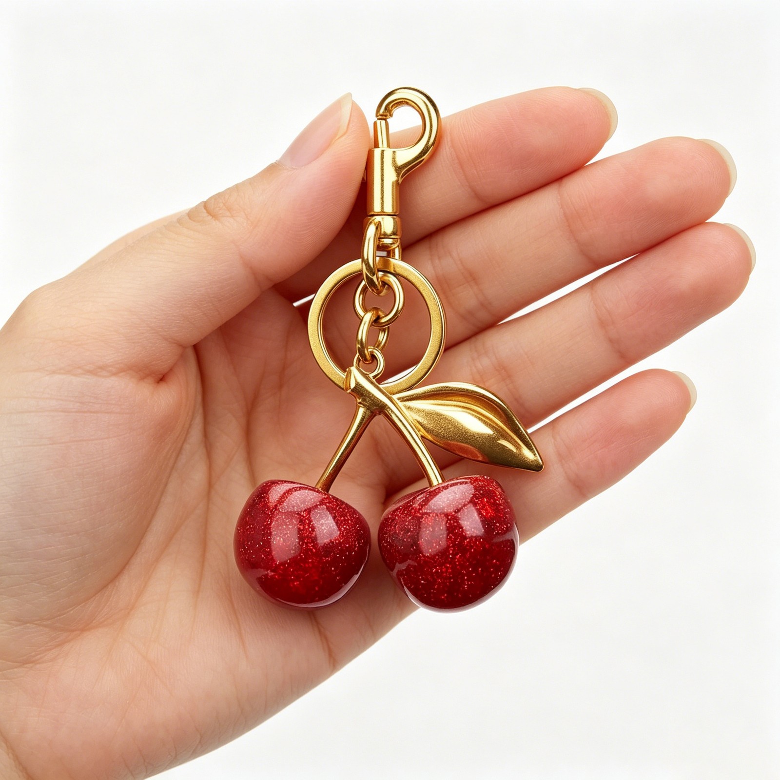Glitter Red Cherry Resin Metal Keychain Bag Pendant Decor Single Piece