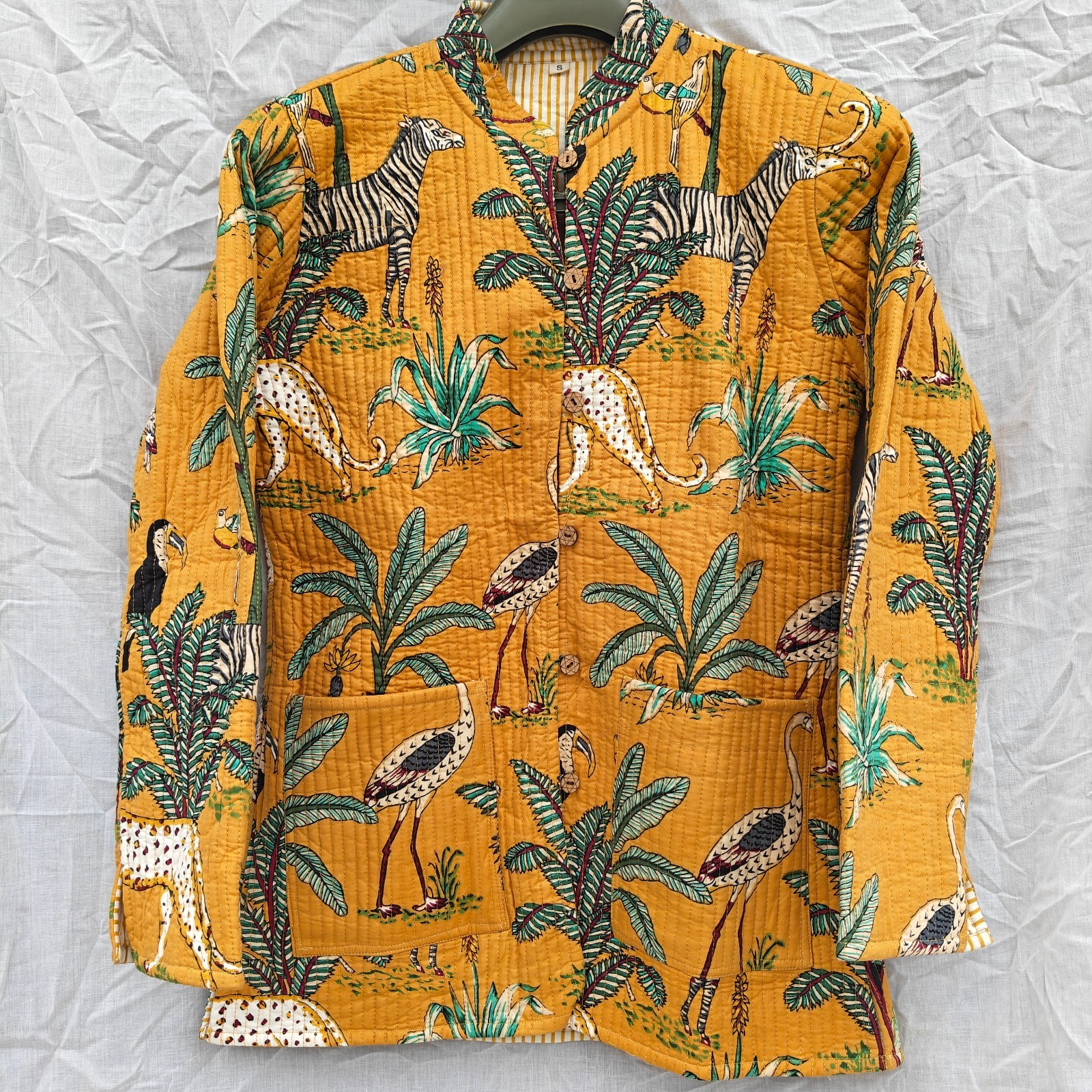 Block Print Cotton Coat, Mustard Yellow Safari Jungle Print Kantha Jacket,