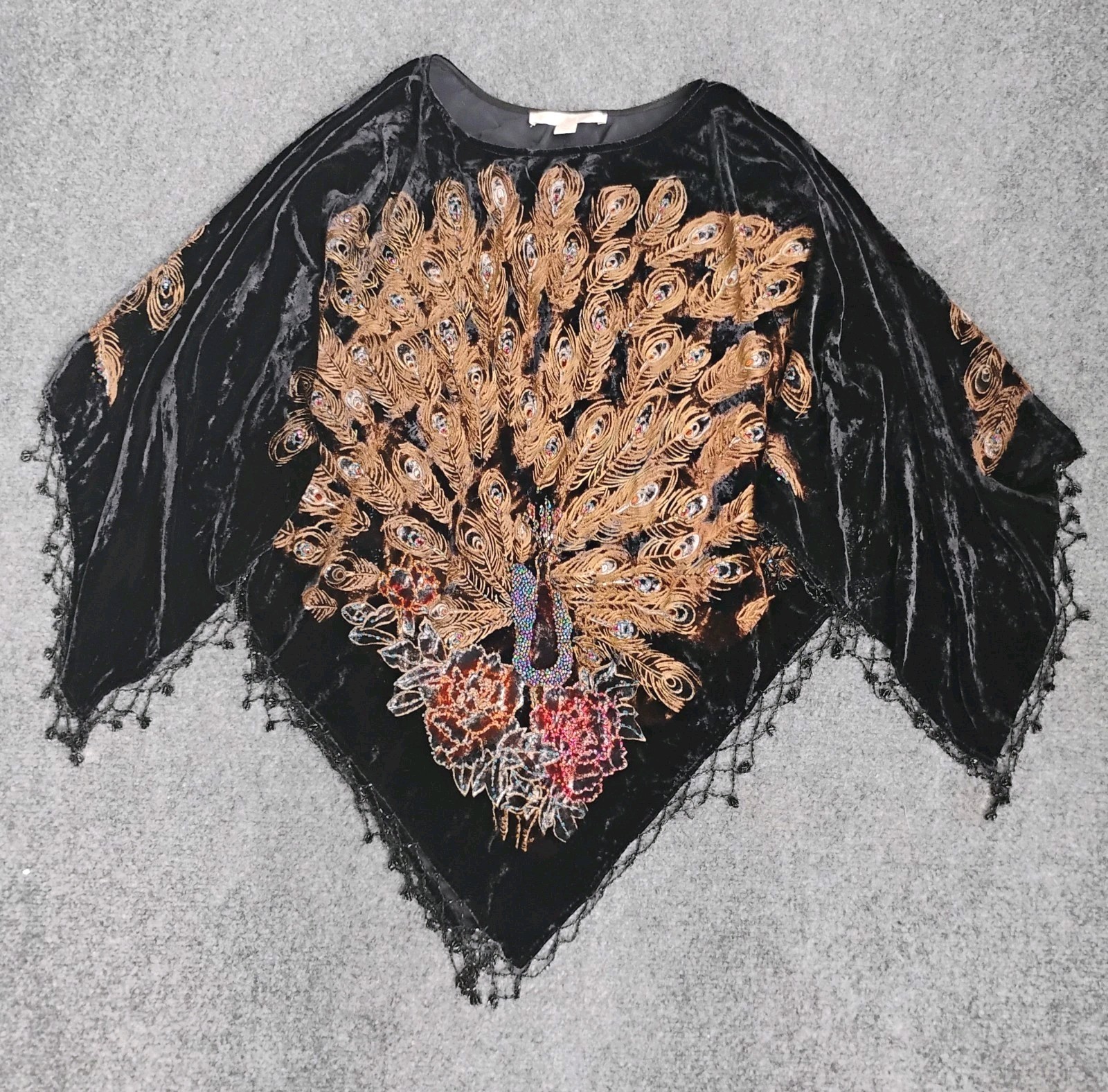 BOSTON PROPER Peacock Velvet Beaded Poncho Shawl Black Multi OS
