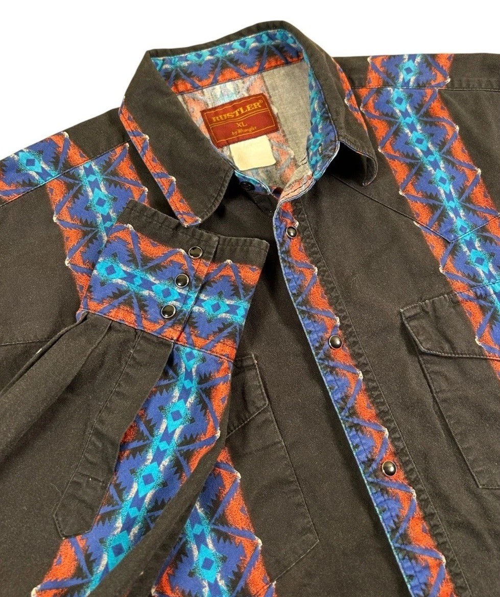 VTG RUSTLER By Wrangler Southwestern Aztec Pearl Snap Shirt Black XL Western 90s