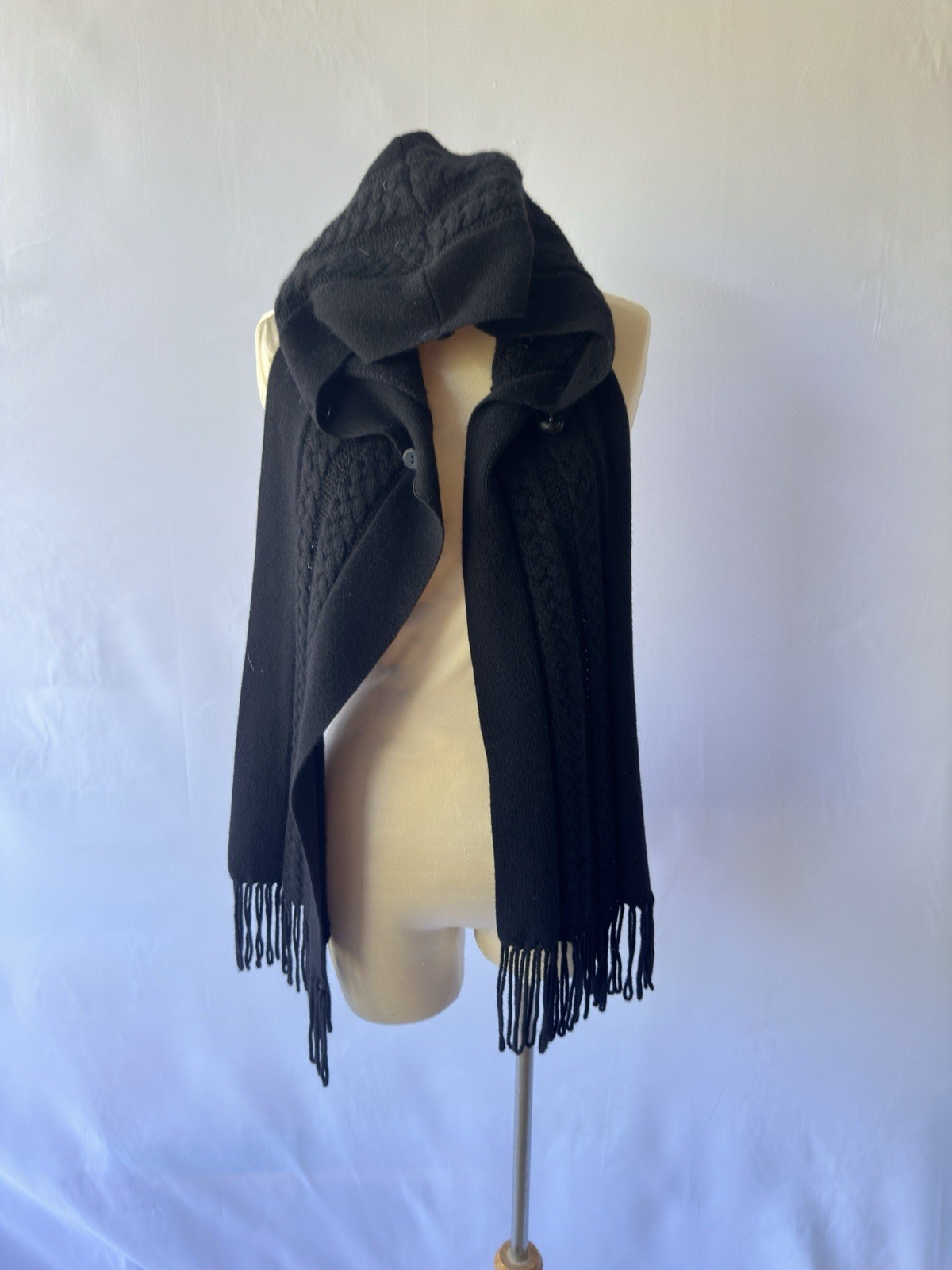Vintage W by Worth Black Cashmere Hooded Shrug with Removable Fur Trim