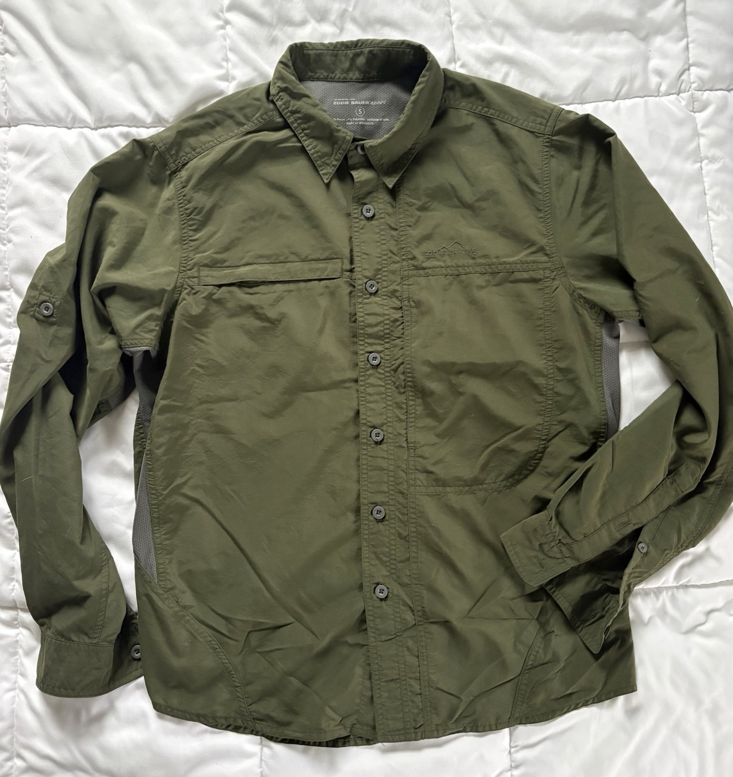 Eddie Bauer S Green Sport Nylon Polyester Button-Up Shirt Long Sleeve Men’s